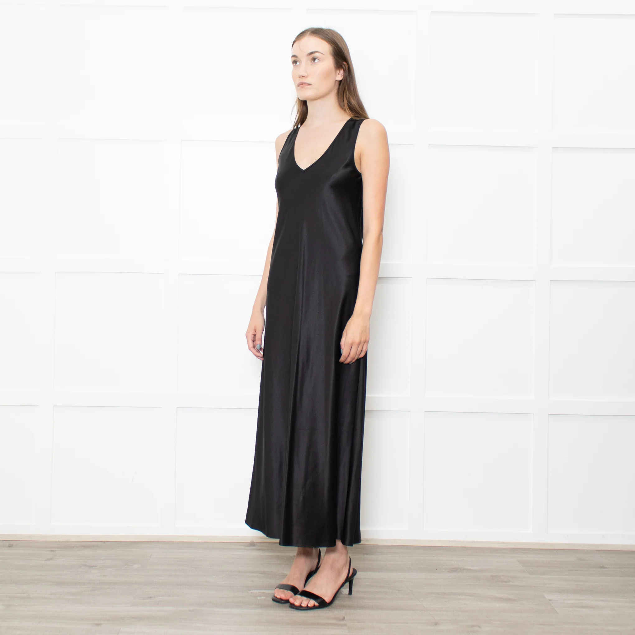 Joseph Black Satin V Neck Long Sleeveless Dress - Image 3
