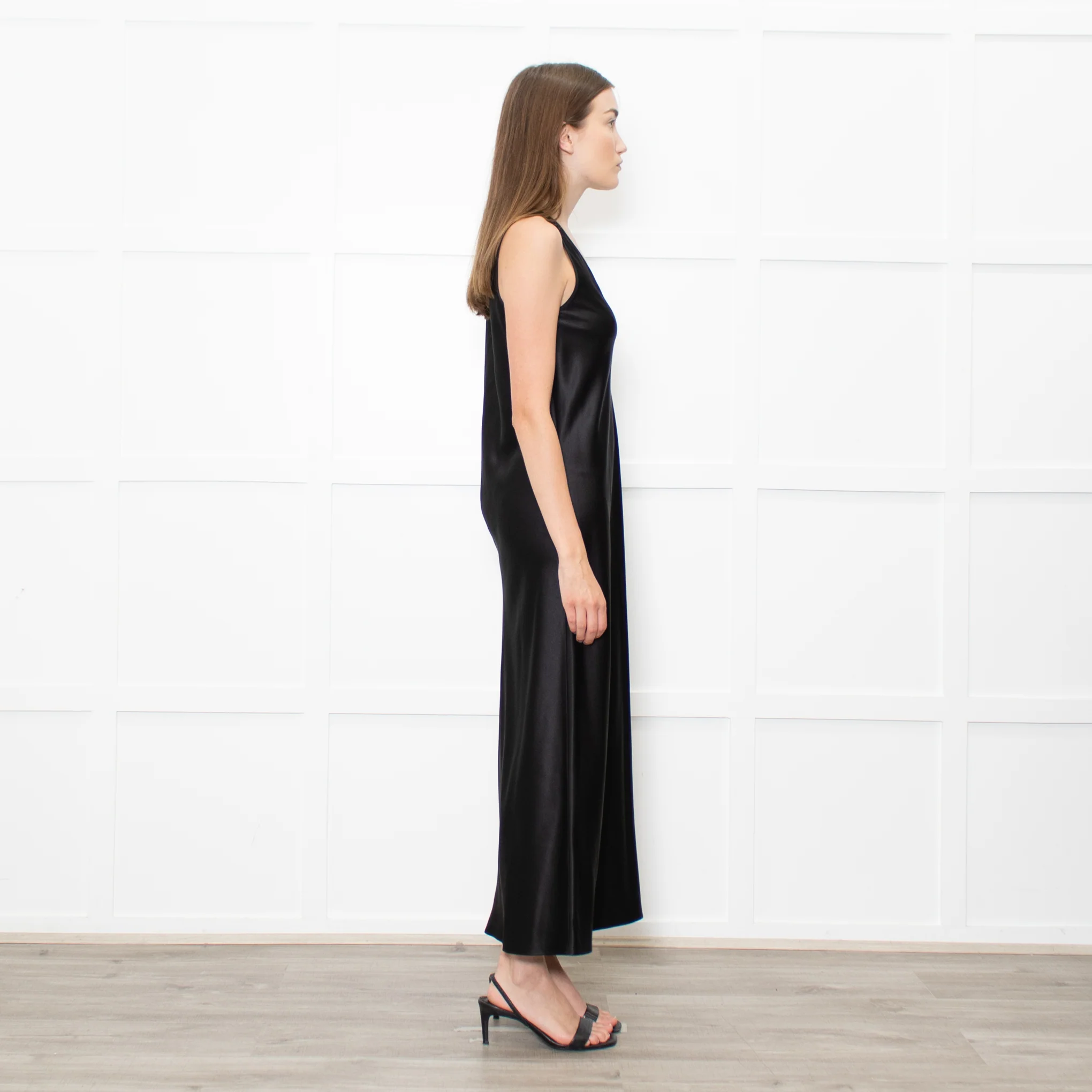 Joseph Black Satin V Neck Long Sleeveless Dress - Image 6