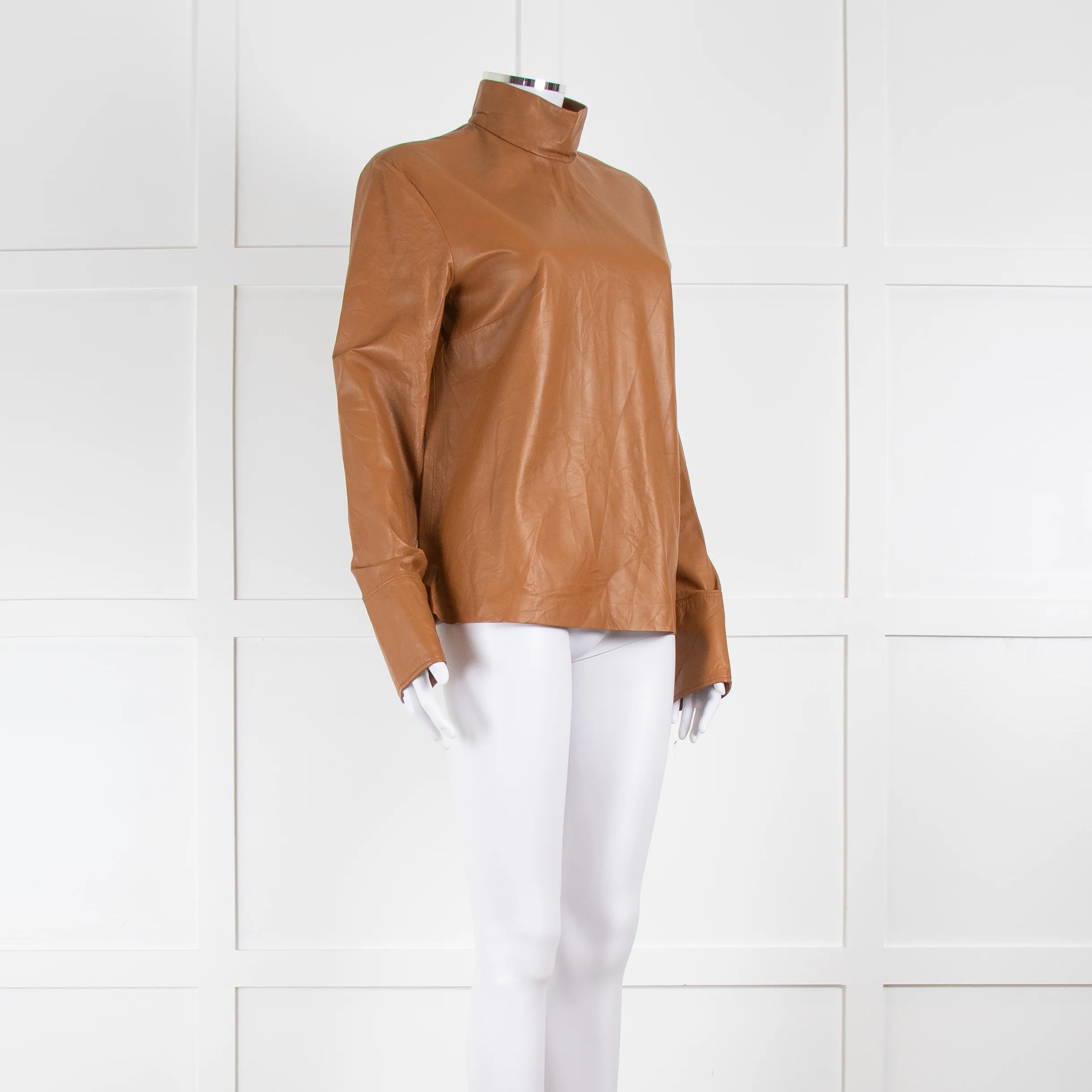 Joseph Brown High Neck Long Sleeve Leather Top - Image 2