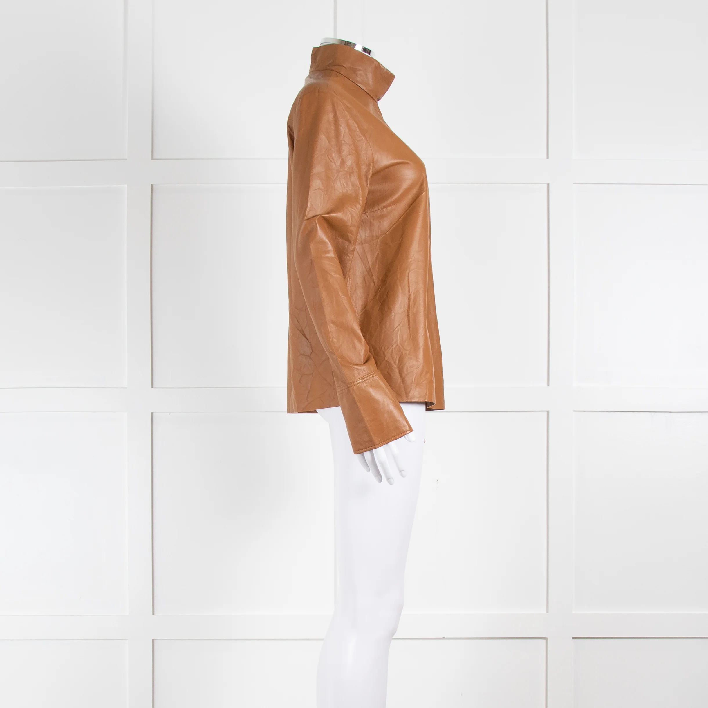 Joseph Brown High Neck Long Sleeve Leather Top - Image 3