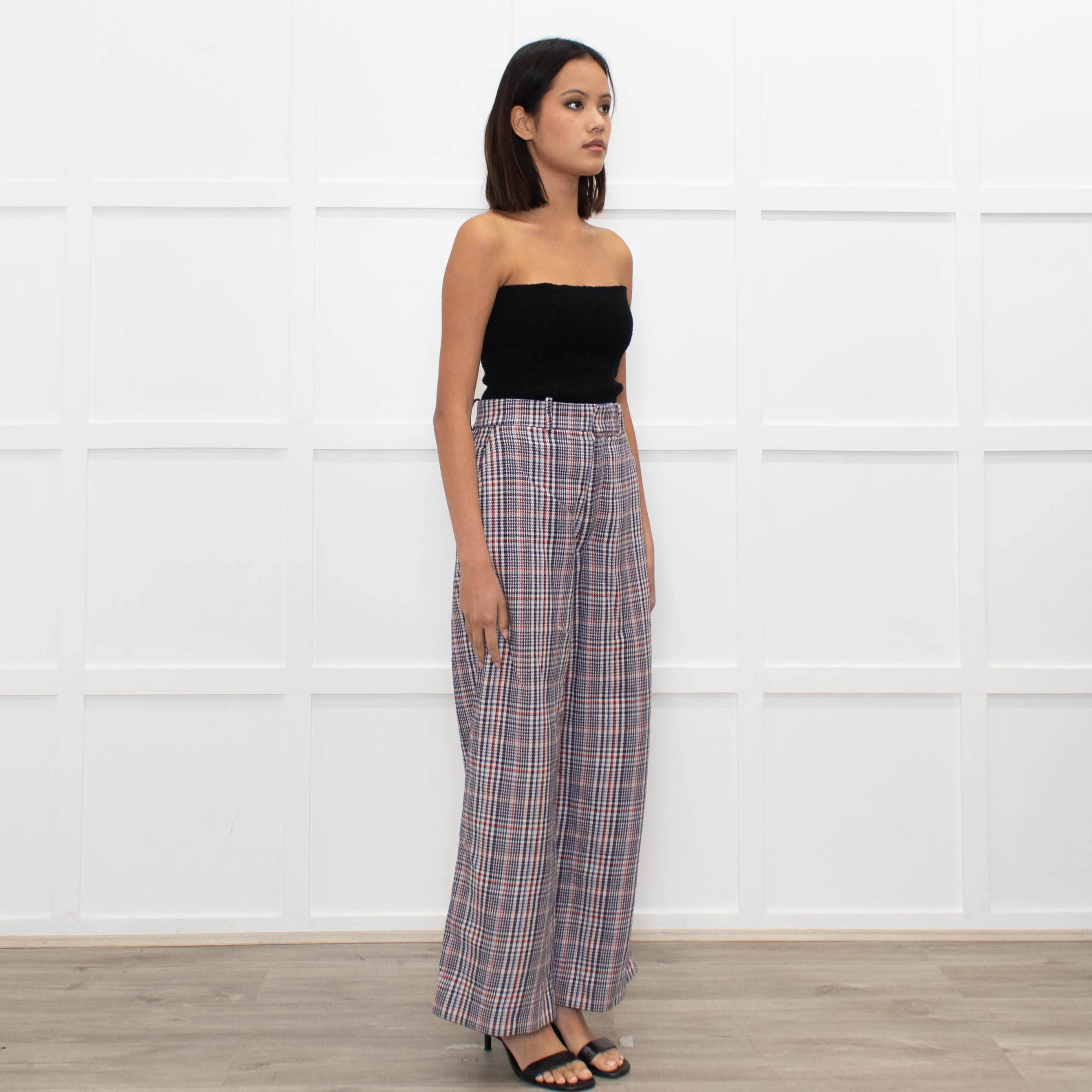 Joseph Cream Blue Red Mix Check Wide Leg Trousers - Image 3