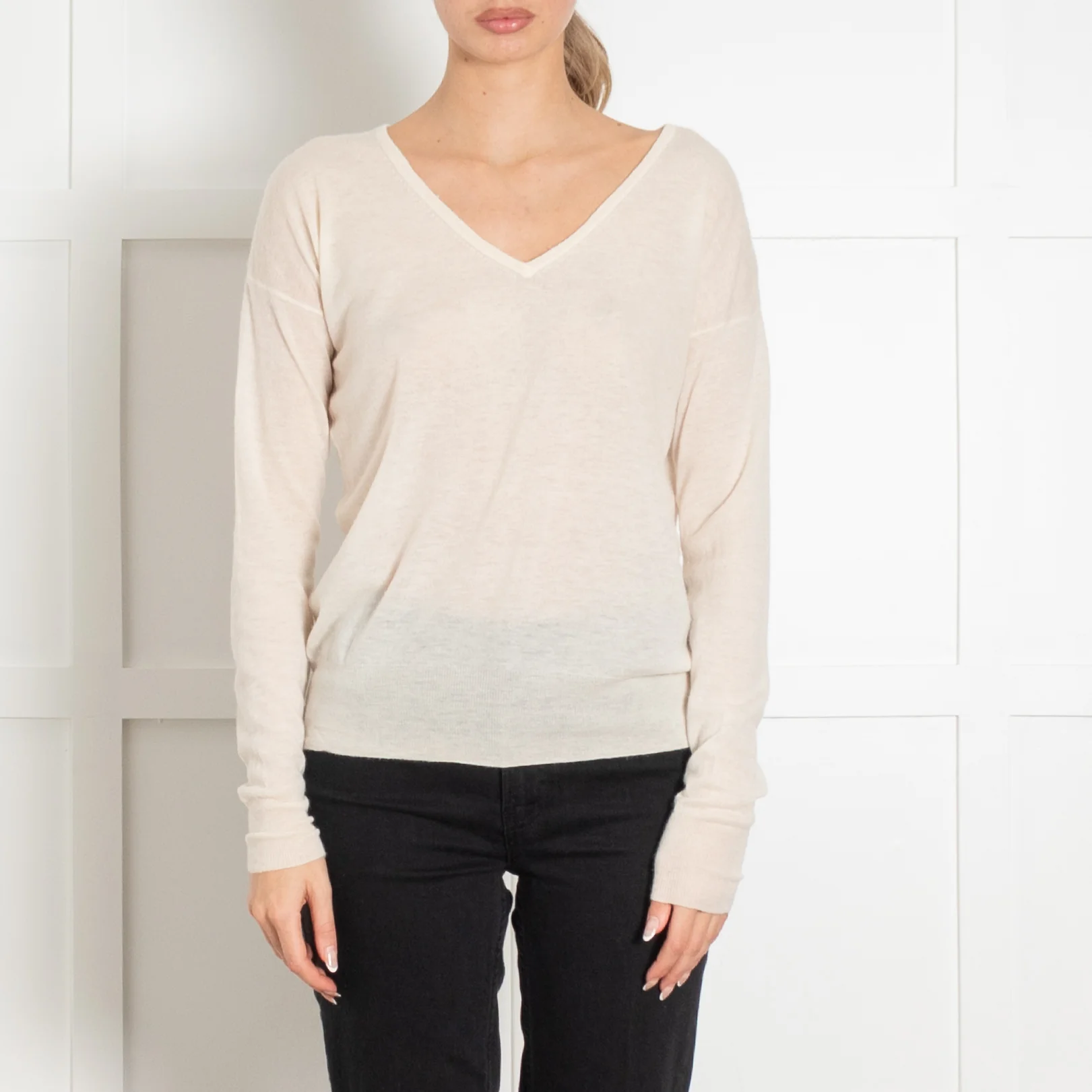 Joseph Cream Fine Knit V Neck Jumper - Image 2