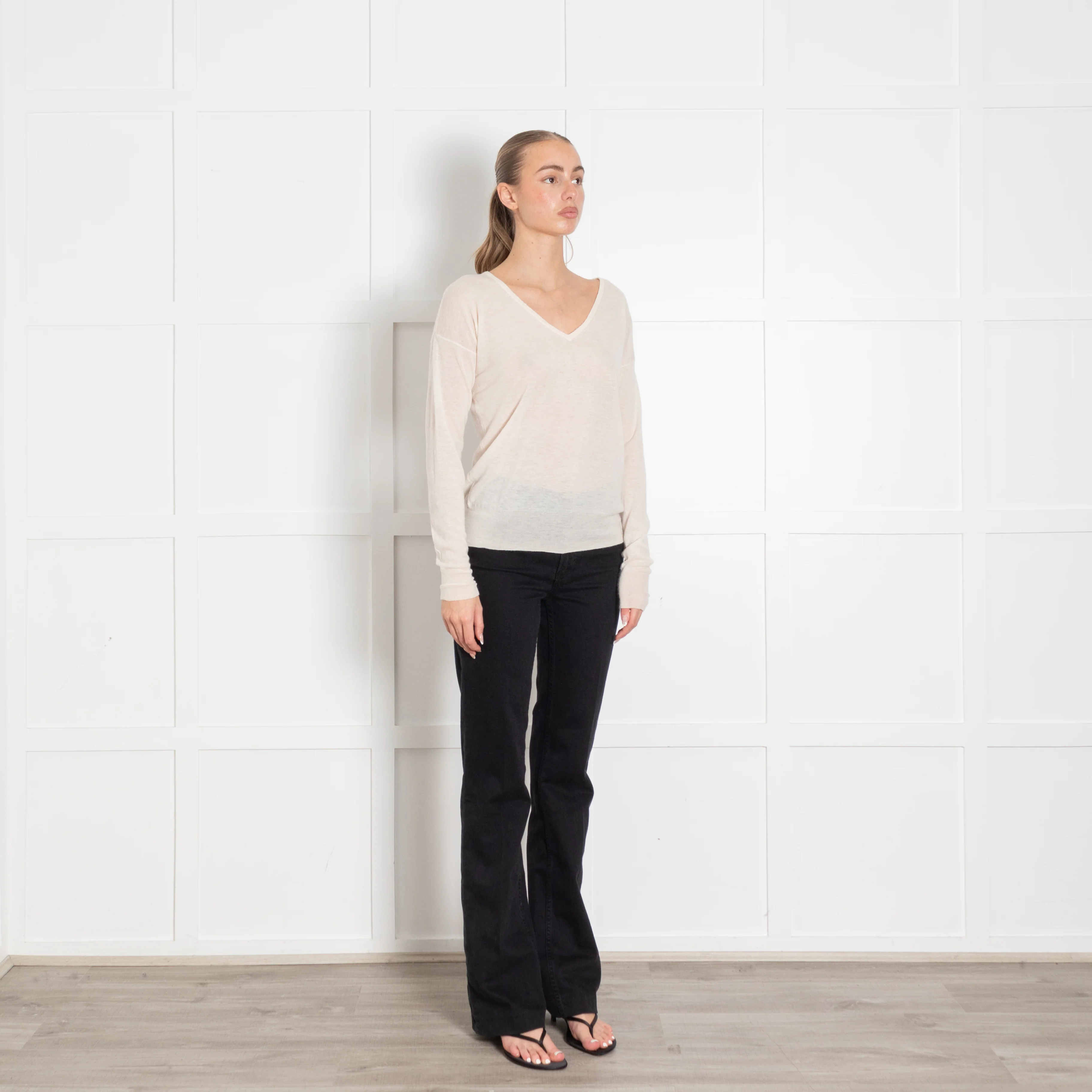 Joseph Cream Fine Knit V Neck Jumper - Image 7