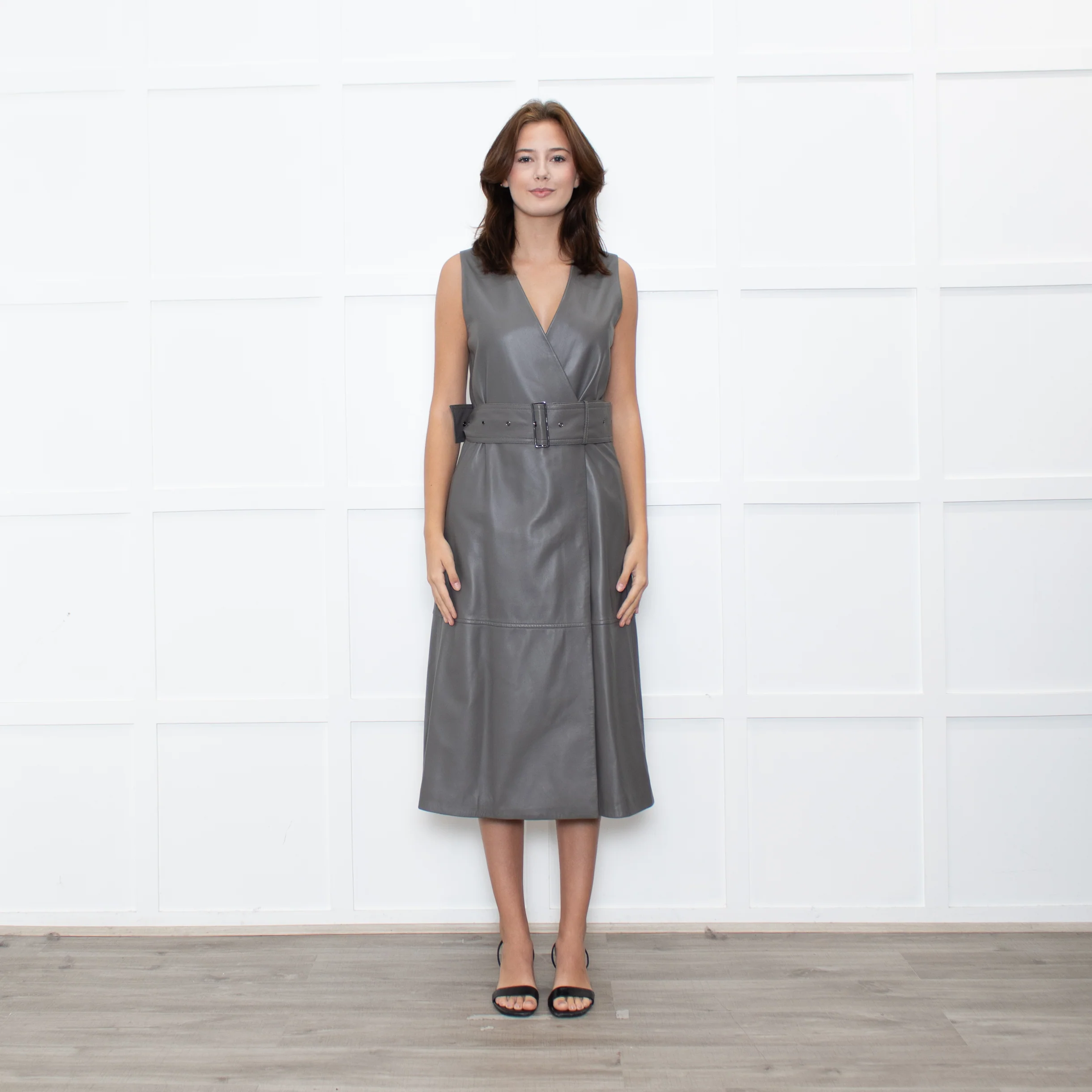 Joseph Grey Leather Belted Sleeveless Dress