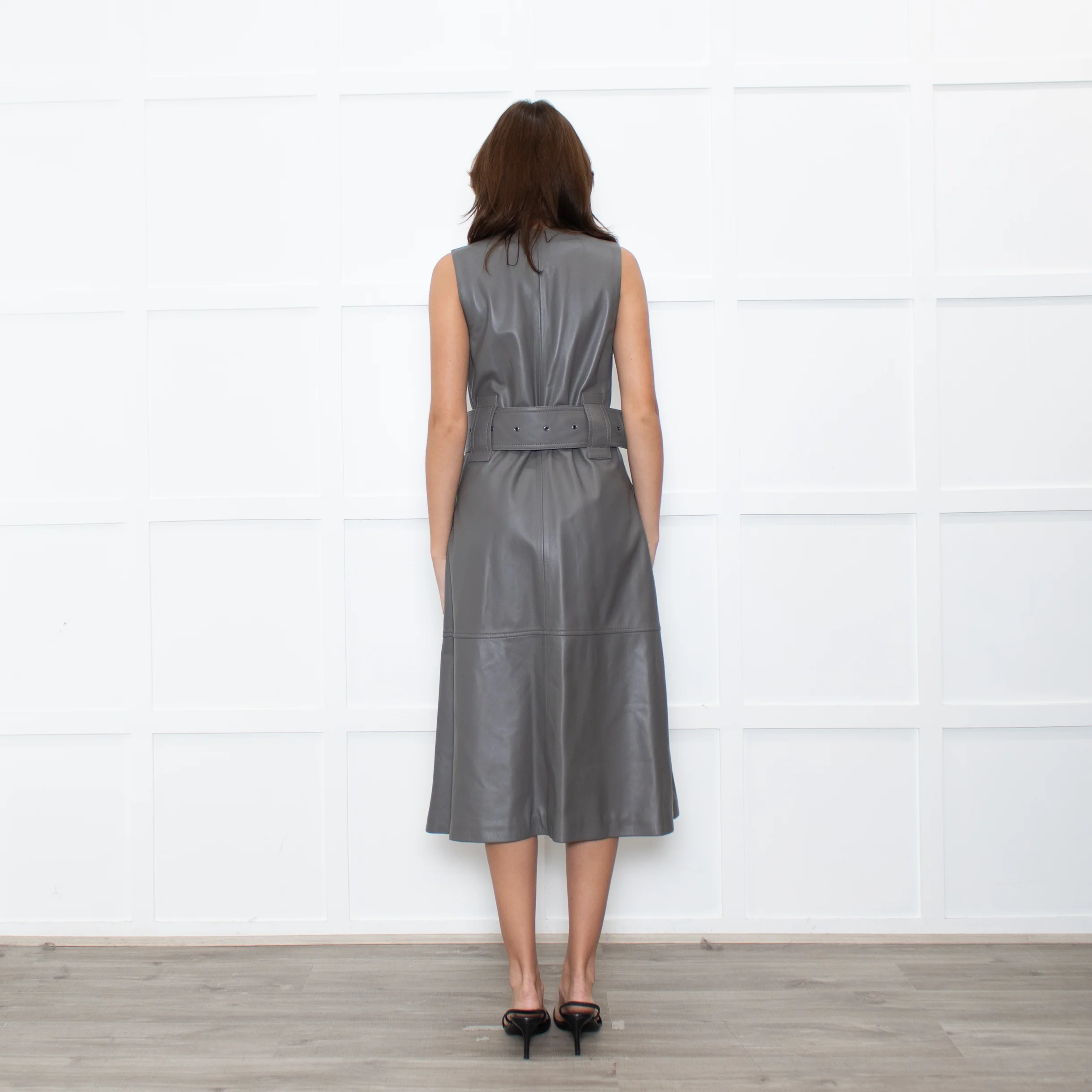 Joseph Grey Leather Belted Sleeveless Dress - Image 5