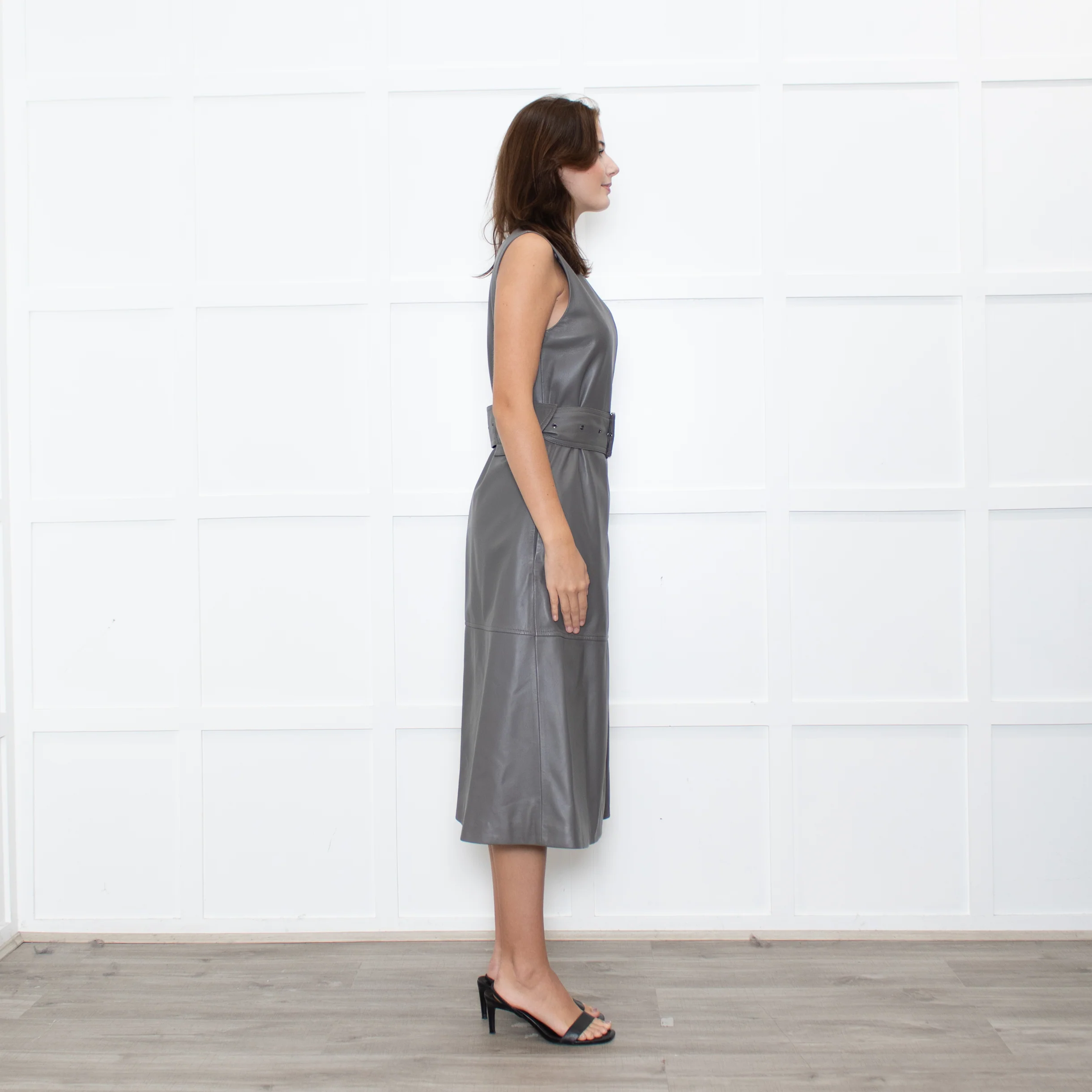 Joseph Grey Leather Belted Sleeveless Dress - Image 6