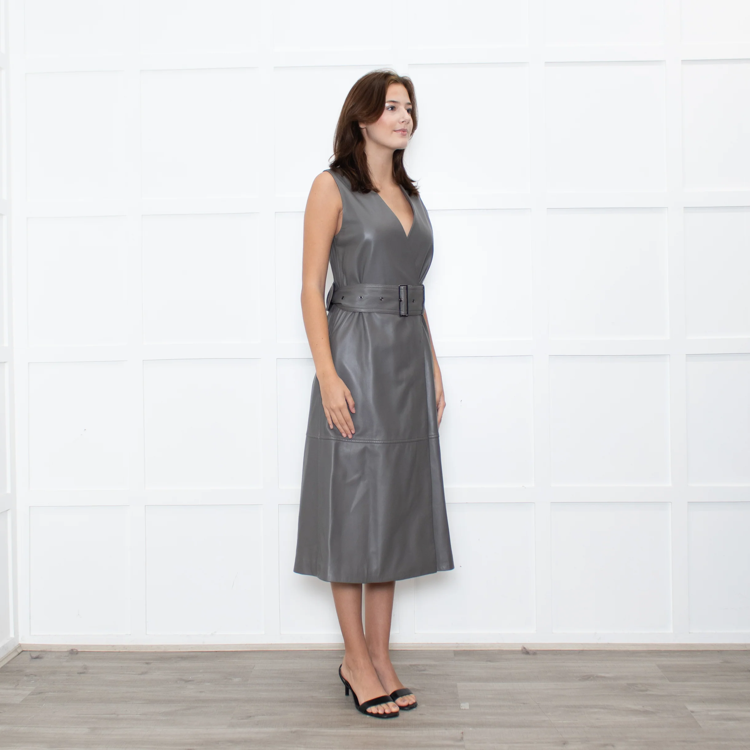 Joseph Grey Leather Belted Sleeveless Dress - Image 7