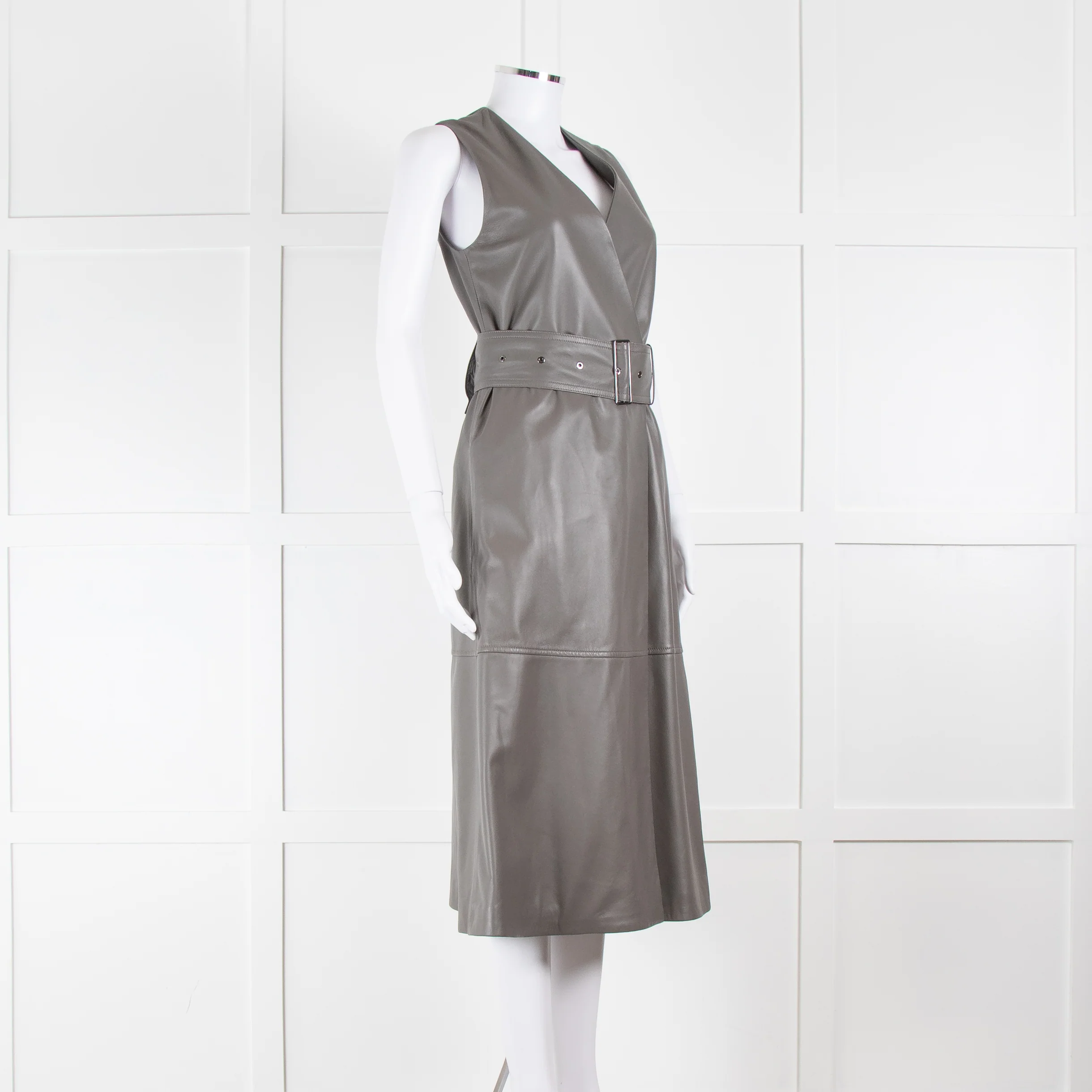Joseph Grey Nappa Leather Belted Sleeveless Dress - Image 2