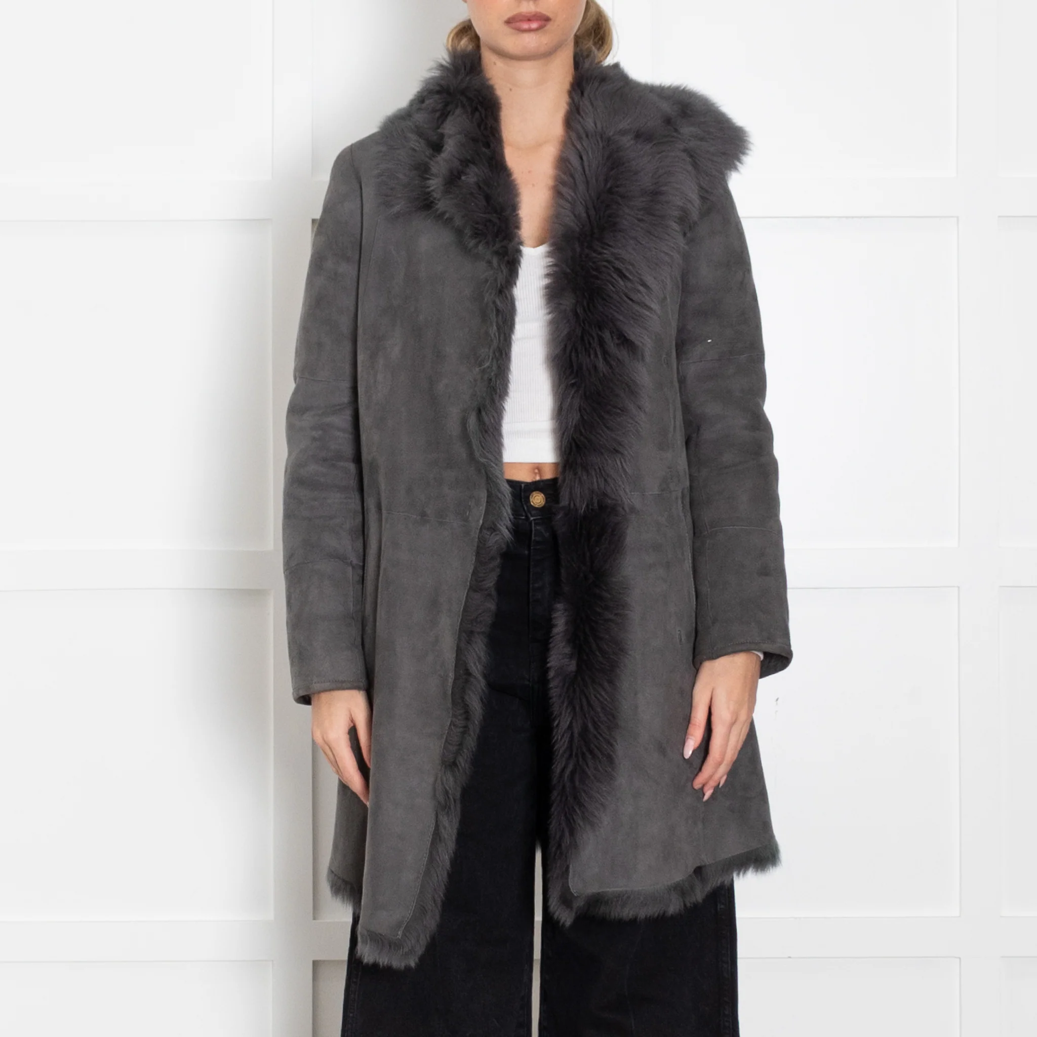 Joseph Grey Suede Shearling Short Coat - Image 2