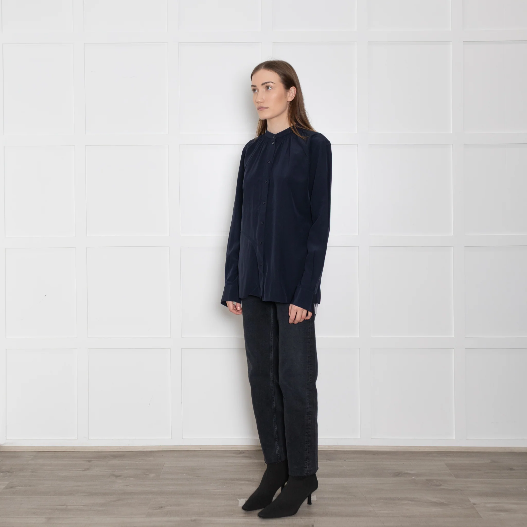 Joseph Navy Silk Button Up Blouse - Image 3