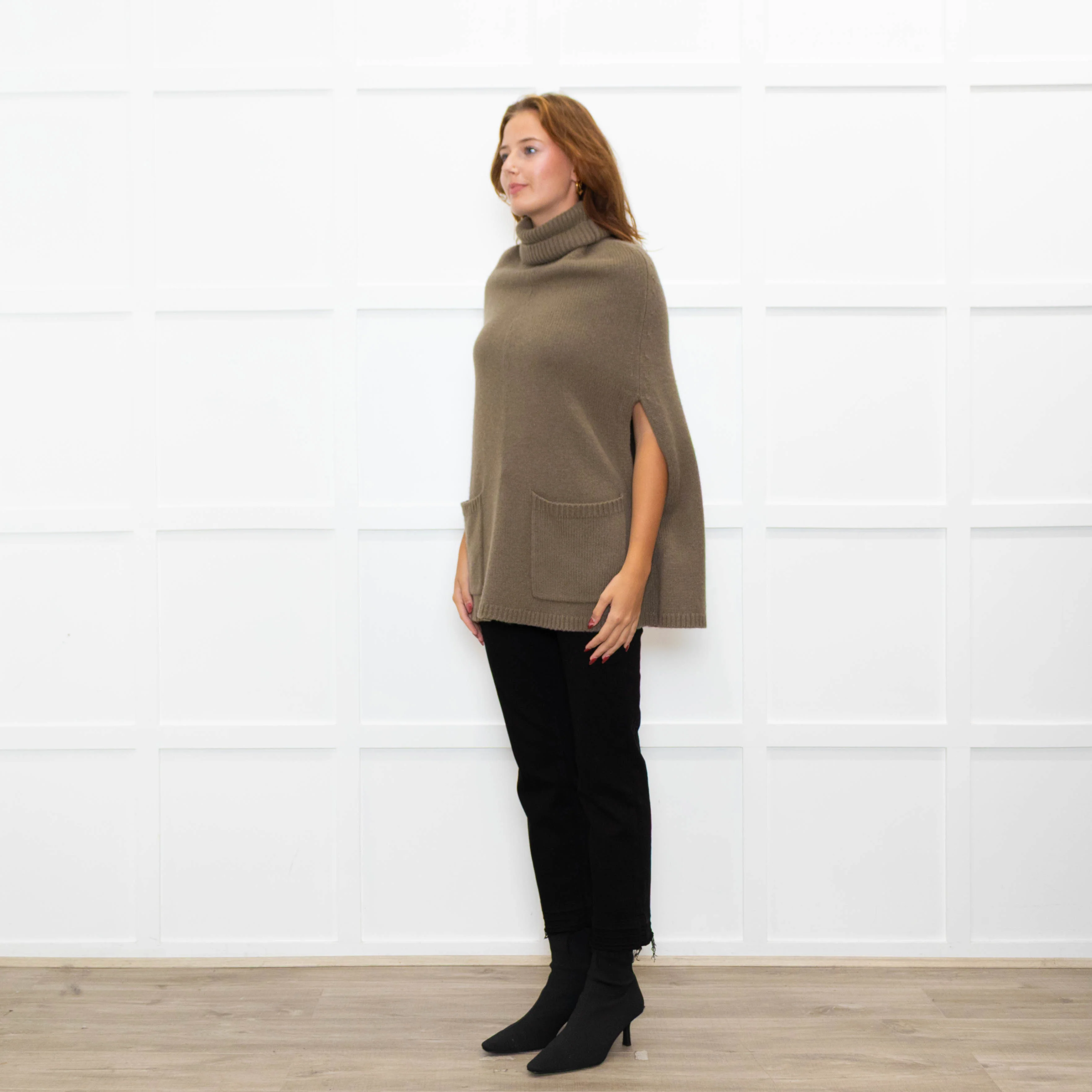 Joseph Olive Green Cashmere High Neck Cape - Image 3