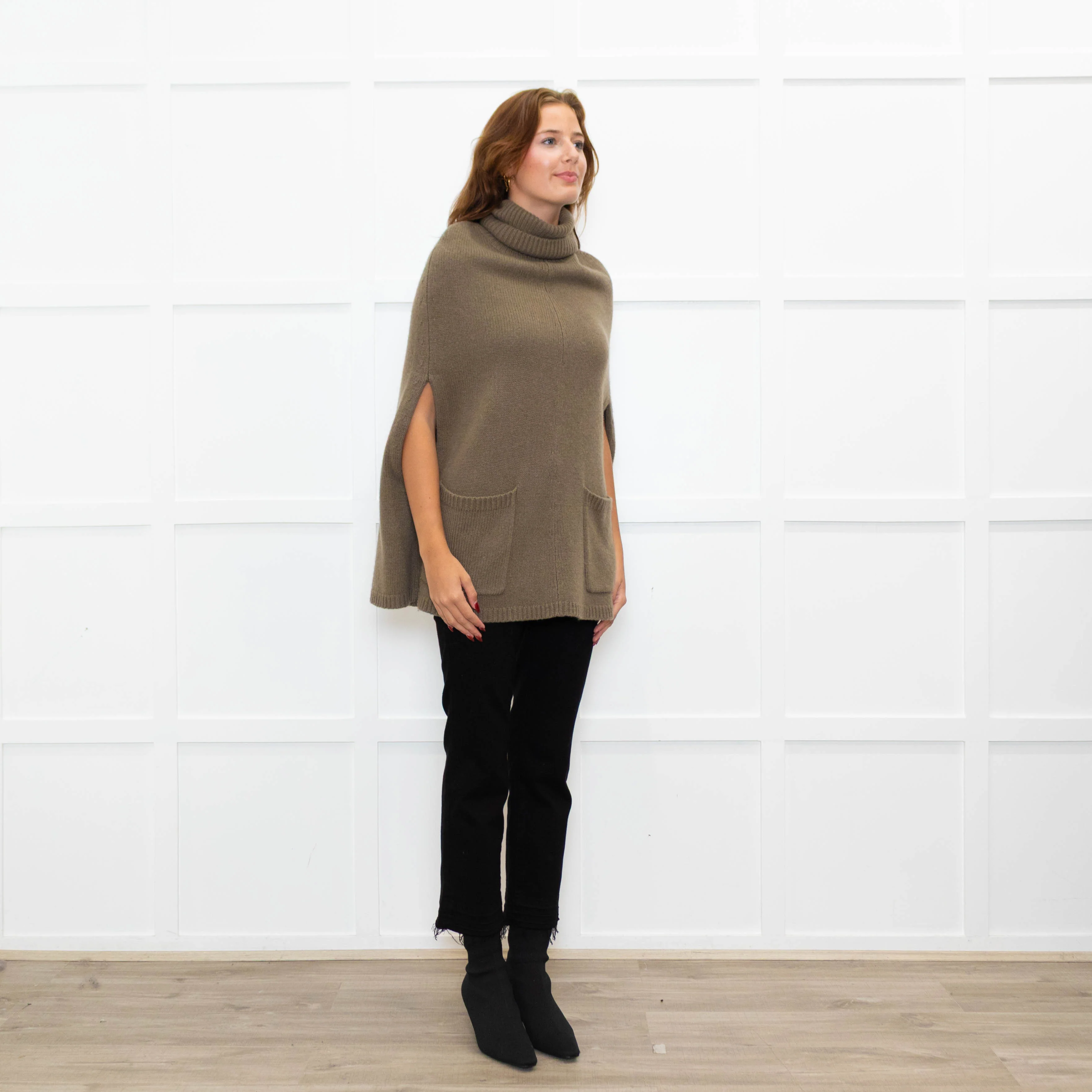 Joseph Olive Green Cashmere High Neck Cape - Image 7