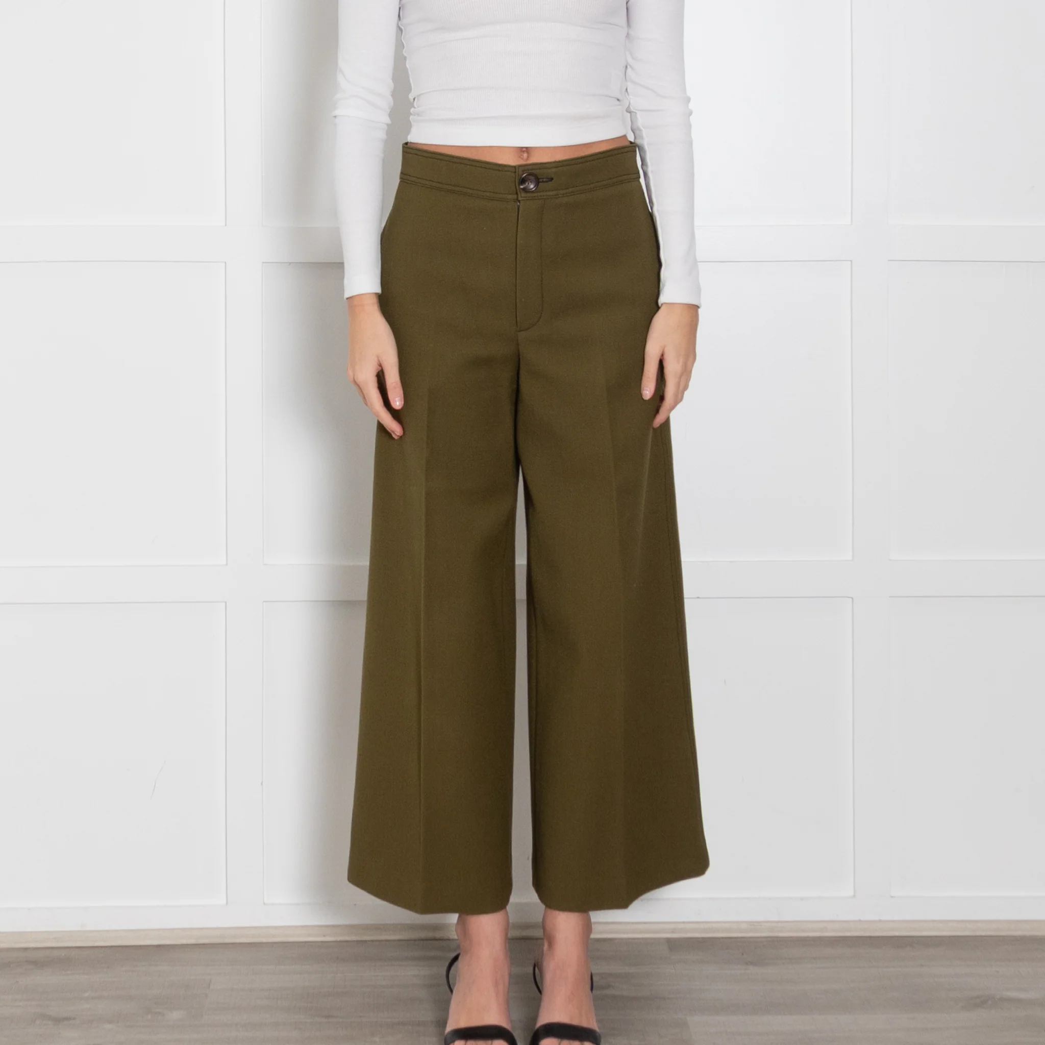 Joseph Olive Green Wide Leg Crop Twill Trousers - Image 2