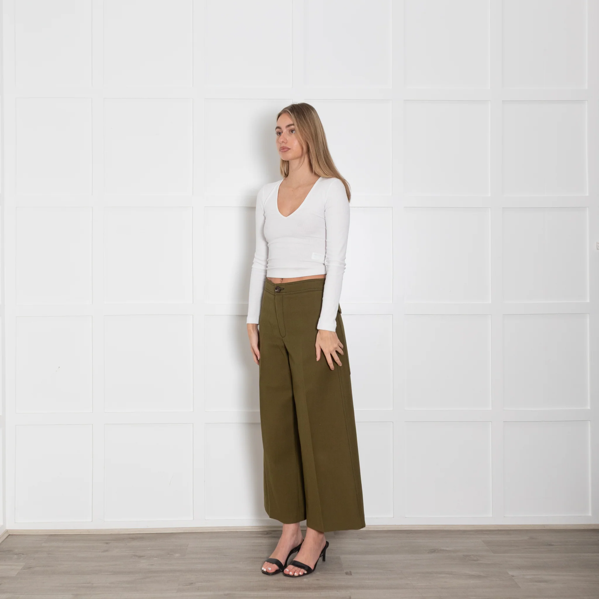 Joseph Olive Green Wide Leg Crop Twill Trousers - Image 3