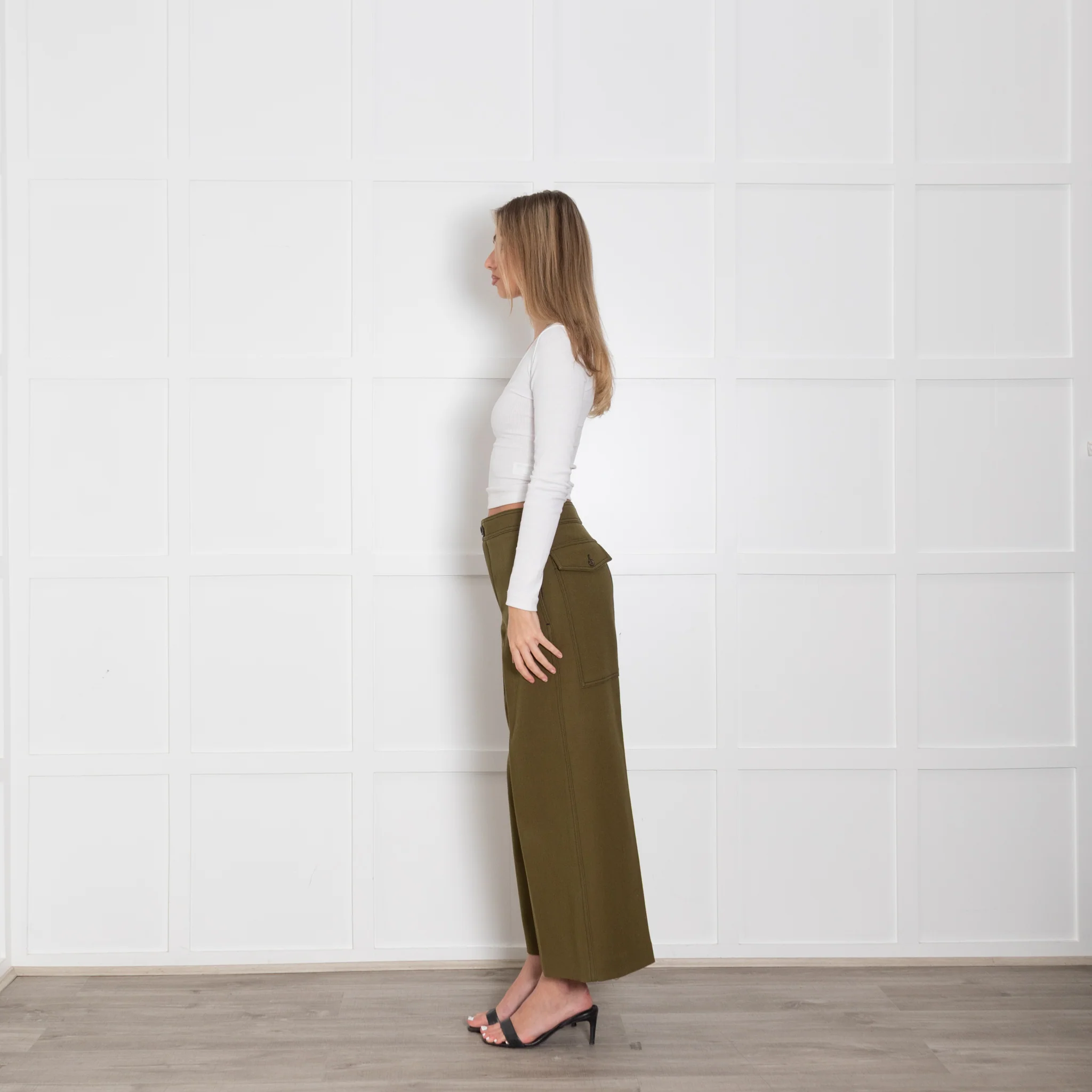 Joseph Olive Green Wide Leg Crop Twill Trousers - Image 4