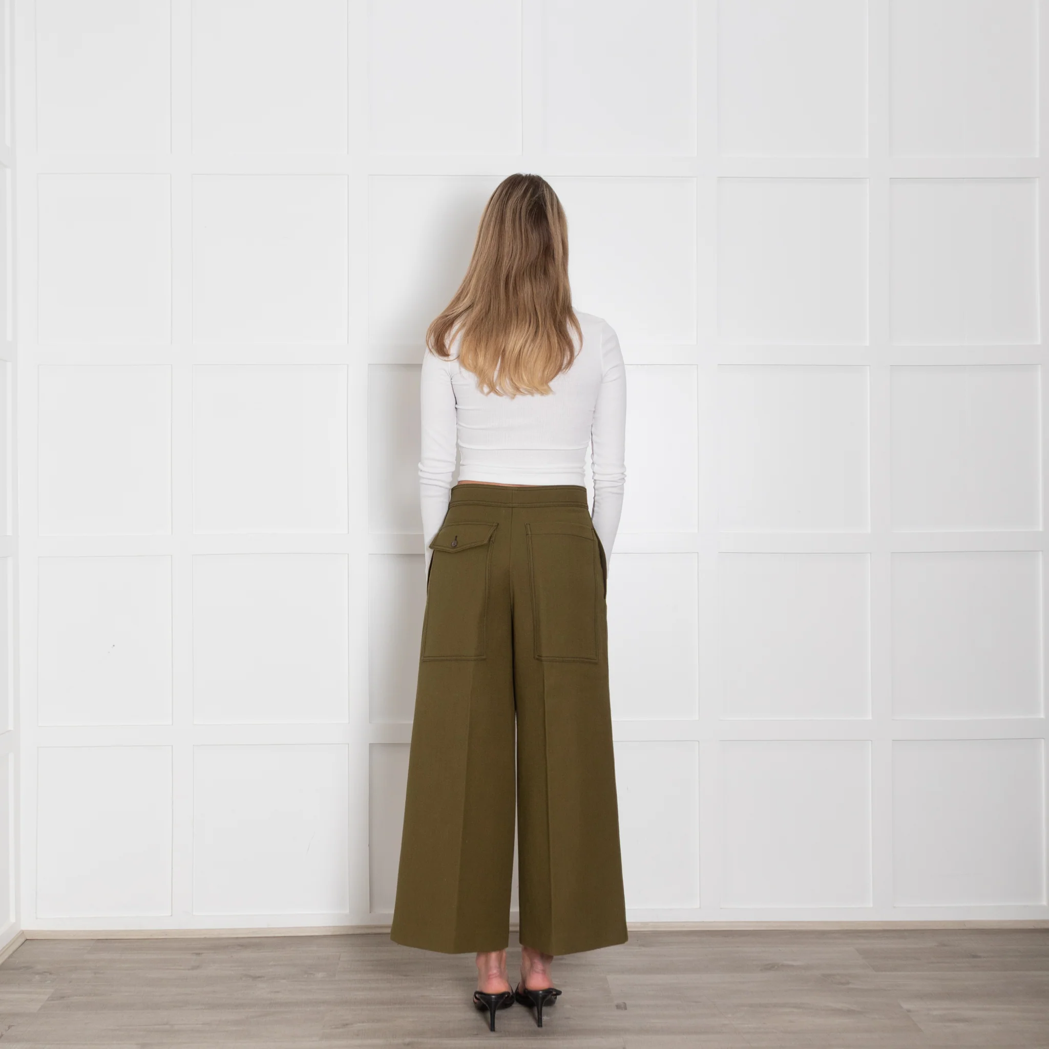 Joseph Olive Green Wide Leg Crop Twill Trousers - Image 5