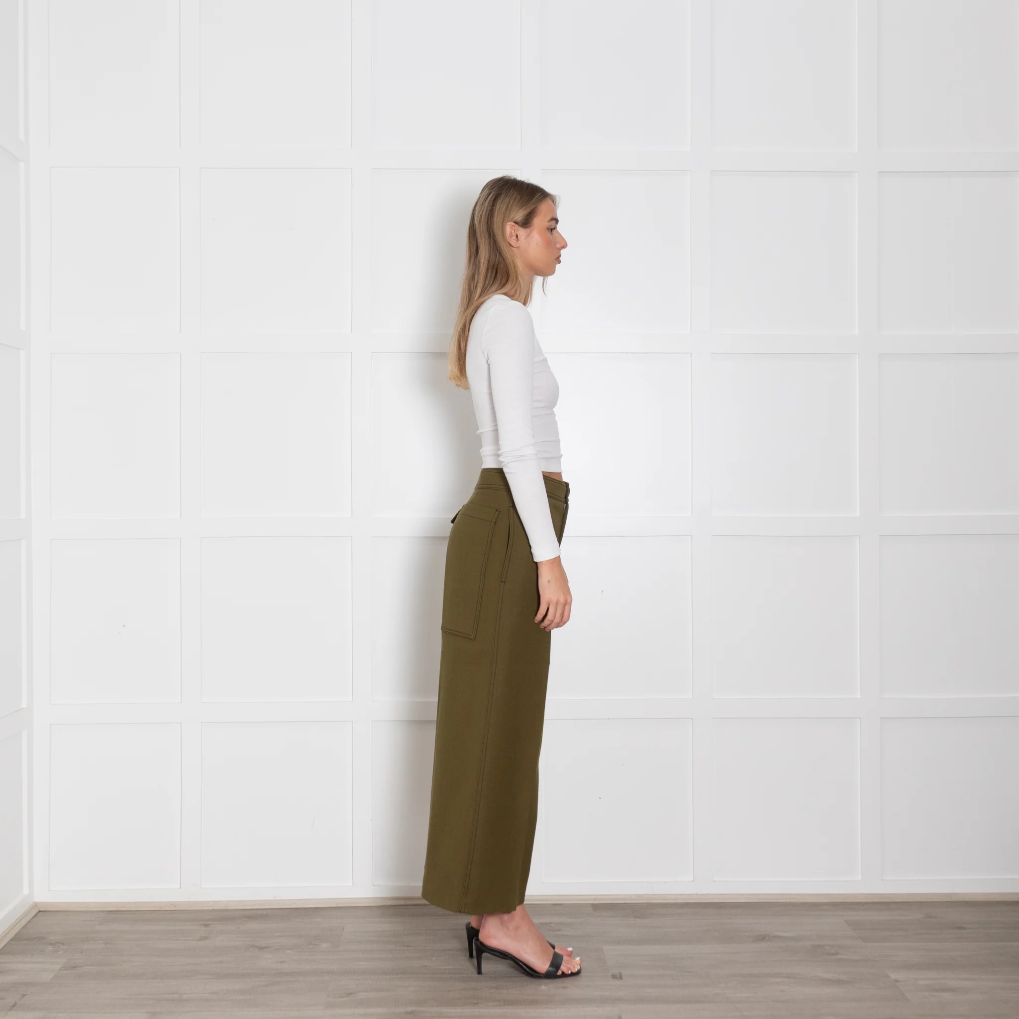Joseph Olive Green Wide Leg Crop Twill Trousers - Image 6