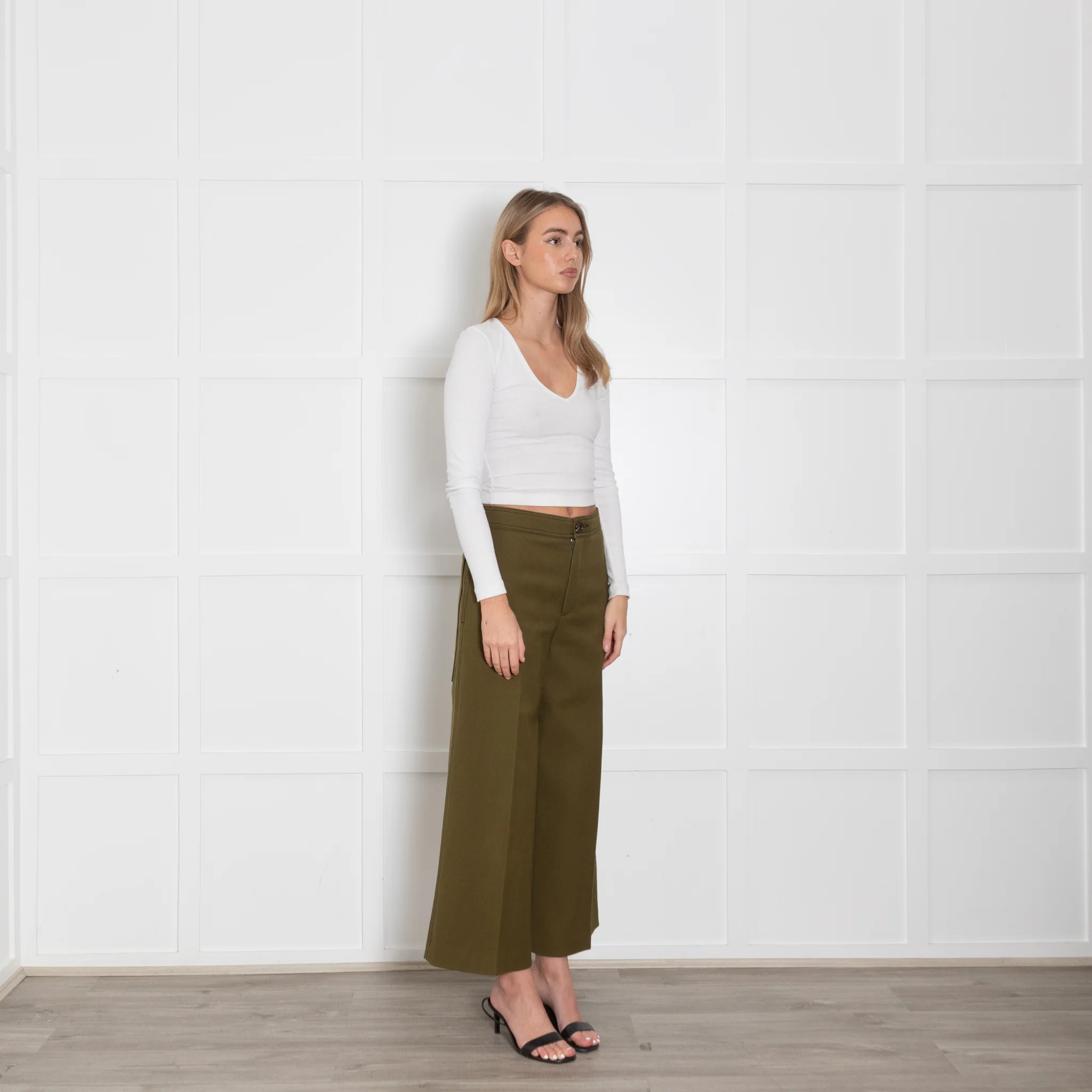 Joseph Olive Green Wide Leg Crop Twill Trousers - Image 7