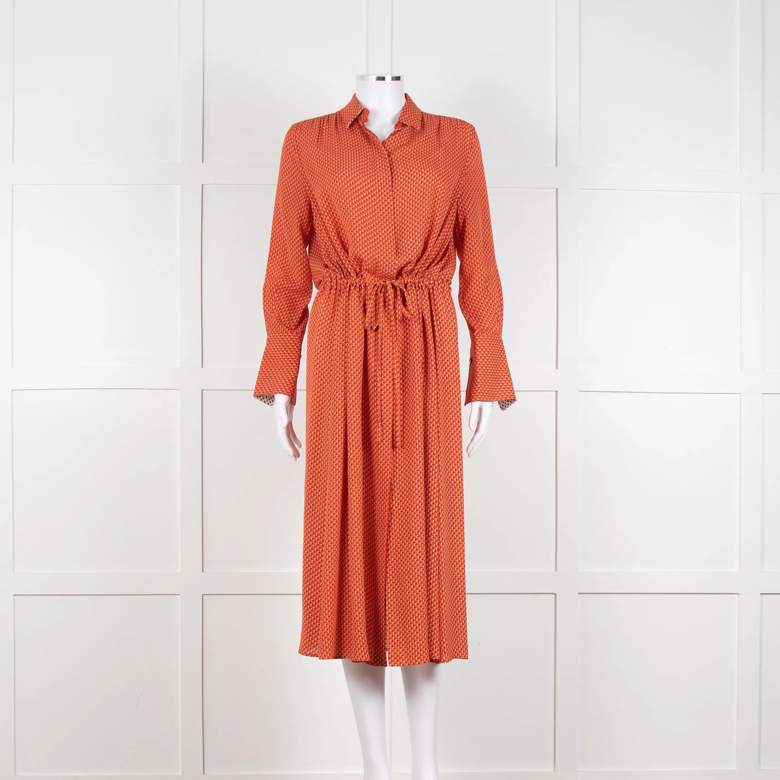 Joseph Orange Floral Print Silk Buttoned Midi Shirt Dress With Drawstring Waist