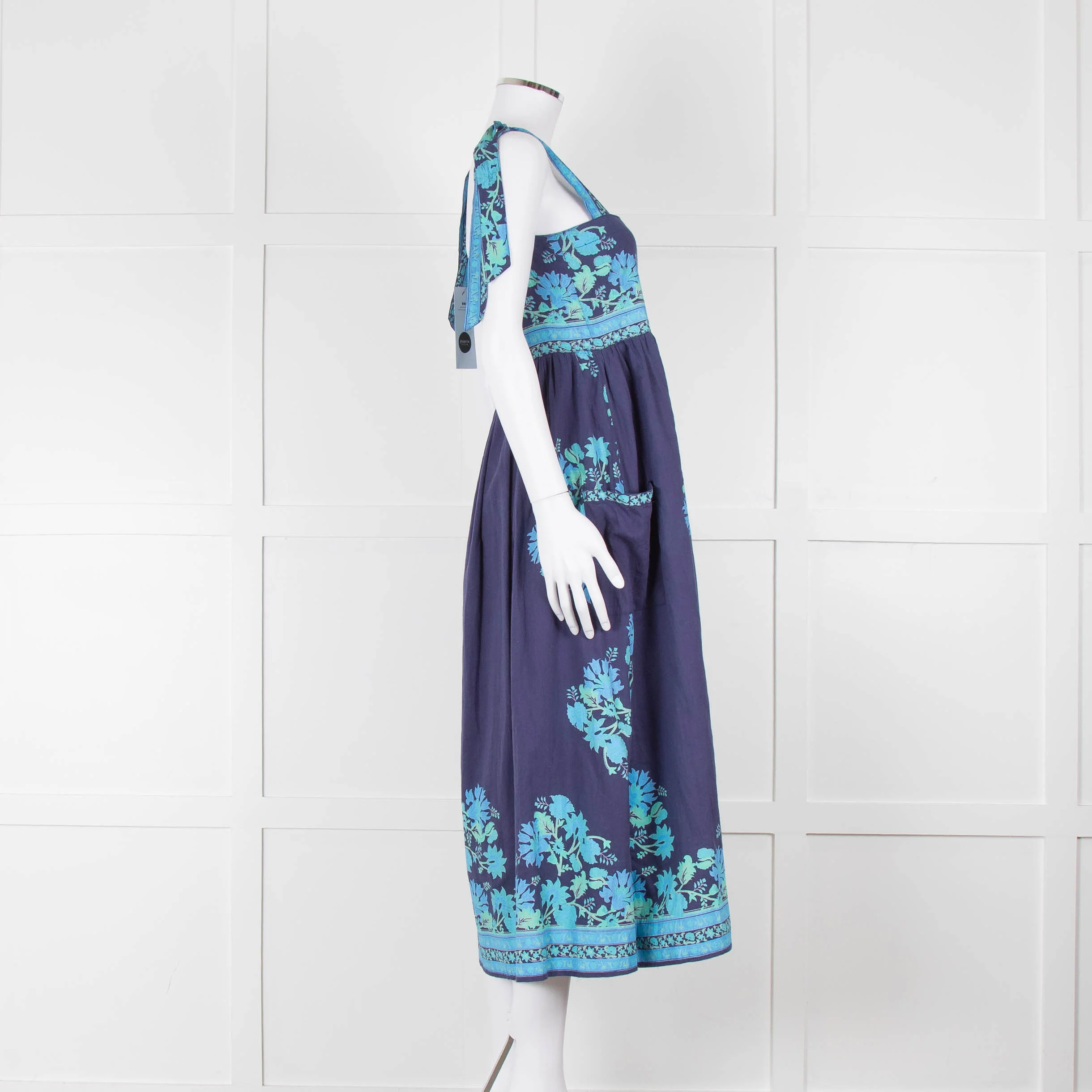 Juliet Dunn Navy Blue Green Floral Cotton Sleeveless Midi Dress - Image 3