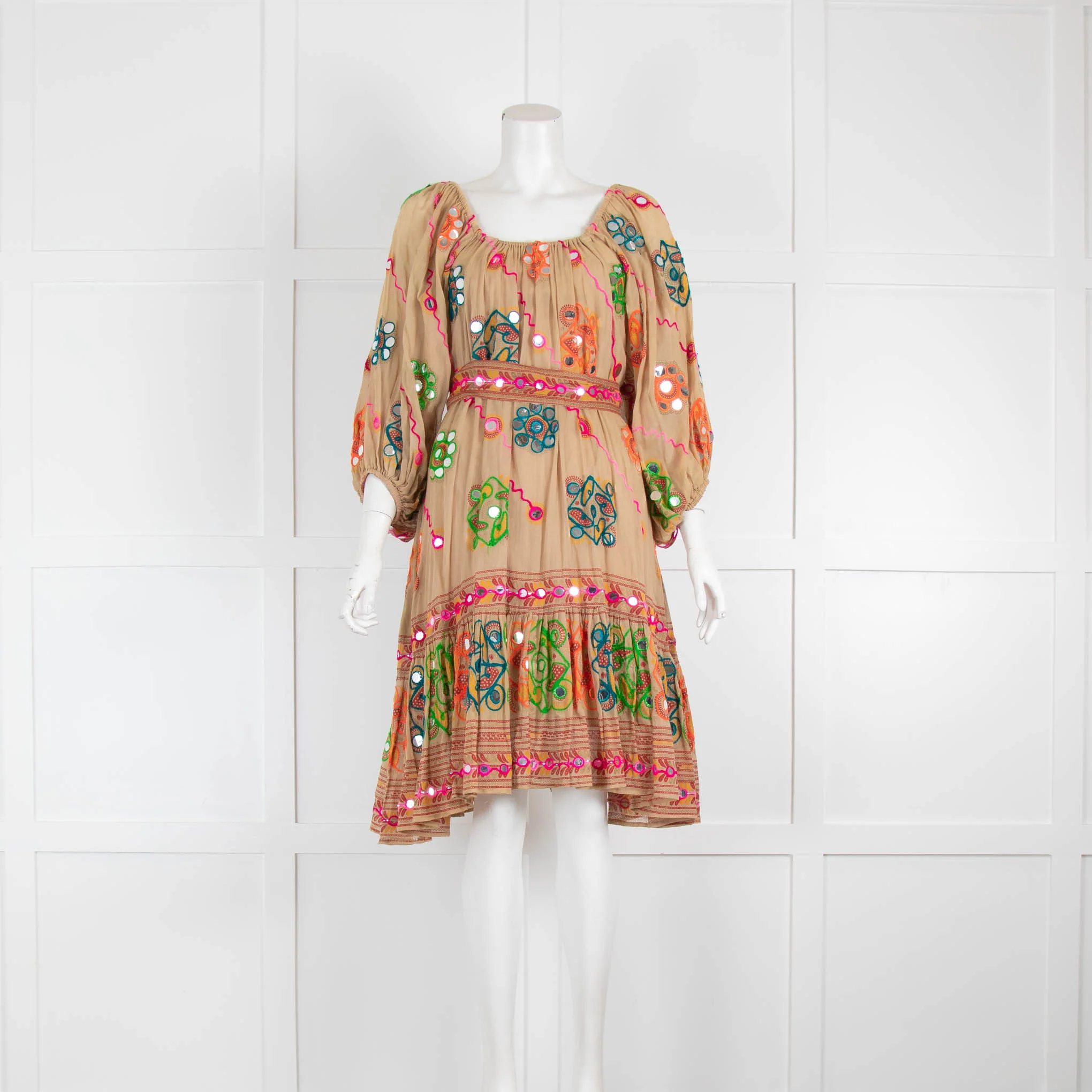 Juliet Dunn Tan Beach Dress with multicolour mirrors