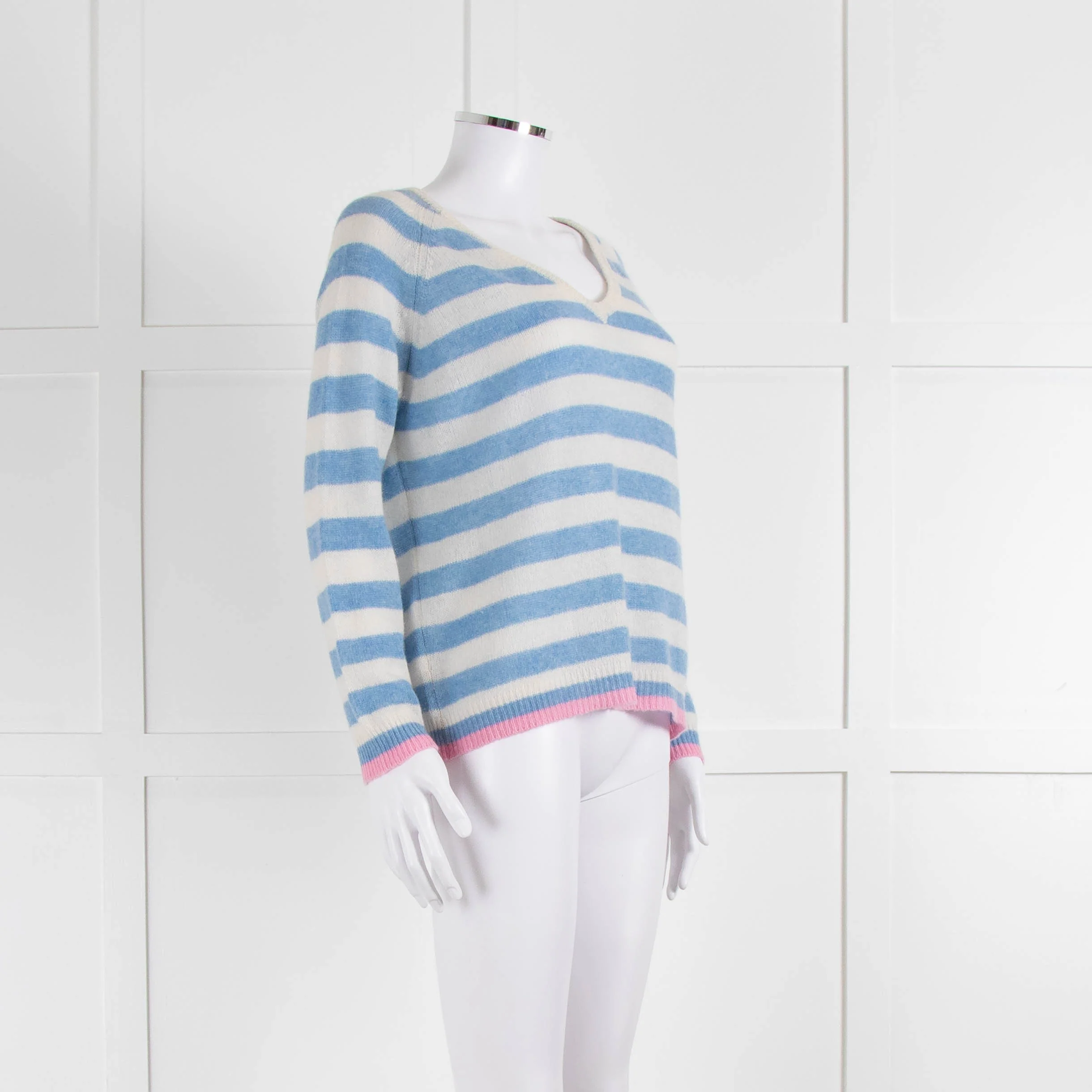 Jumper 1234 Pale Blue Cream Stripe Pink Trim Cashmere Sweater - Image 2