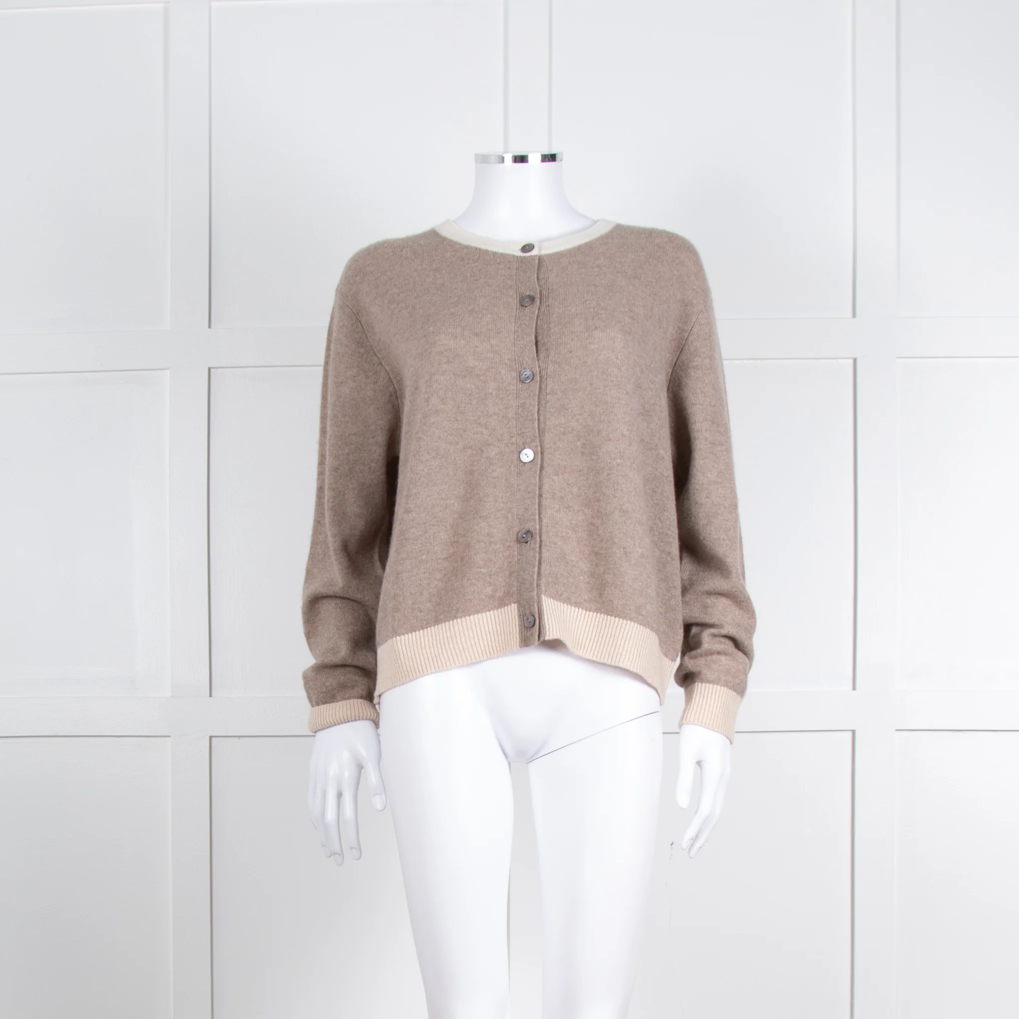 Jumper 1234 Pale Brown Cashmere Cardigan Contrast Neck And Cuff
