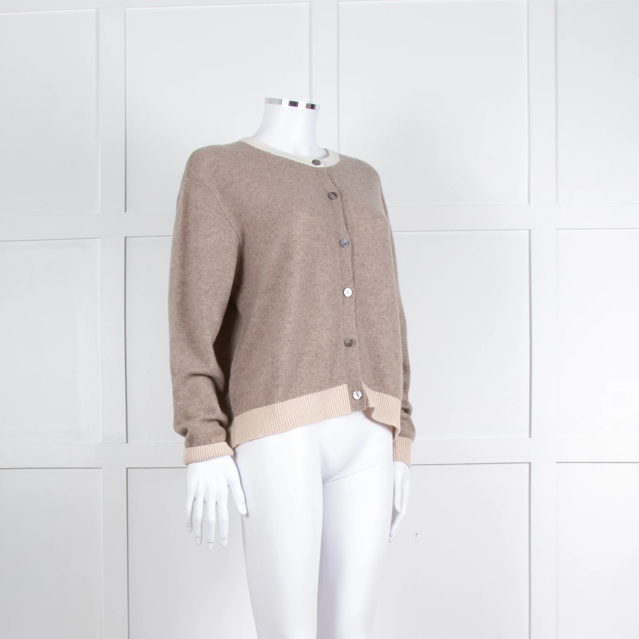 Jumper 1234 Pale Brown Cashmere Cardigan Contrast Neck And Cuff - Image 2