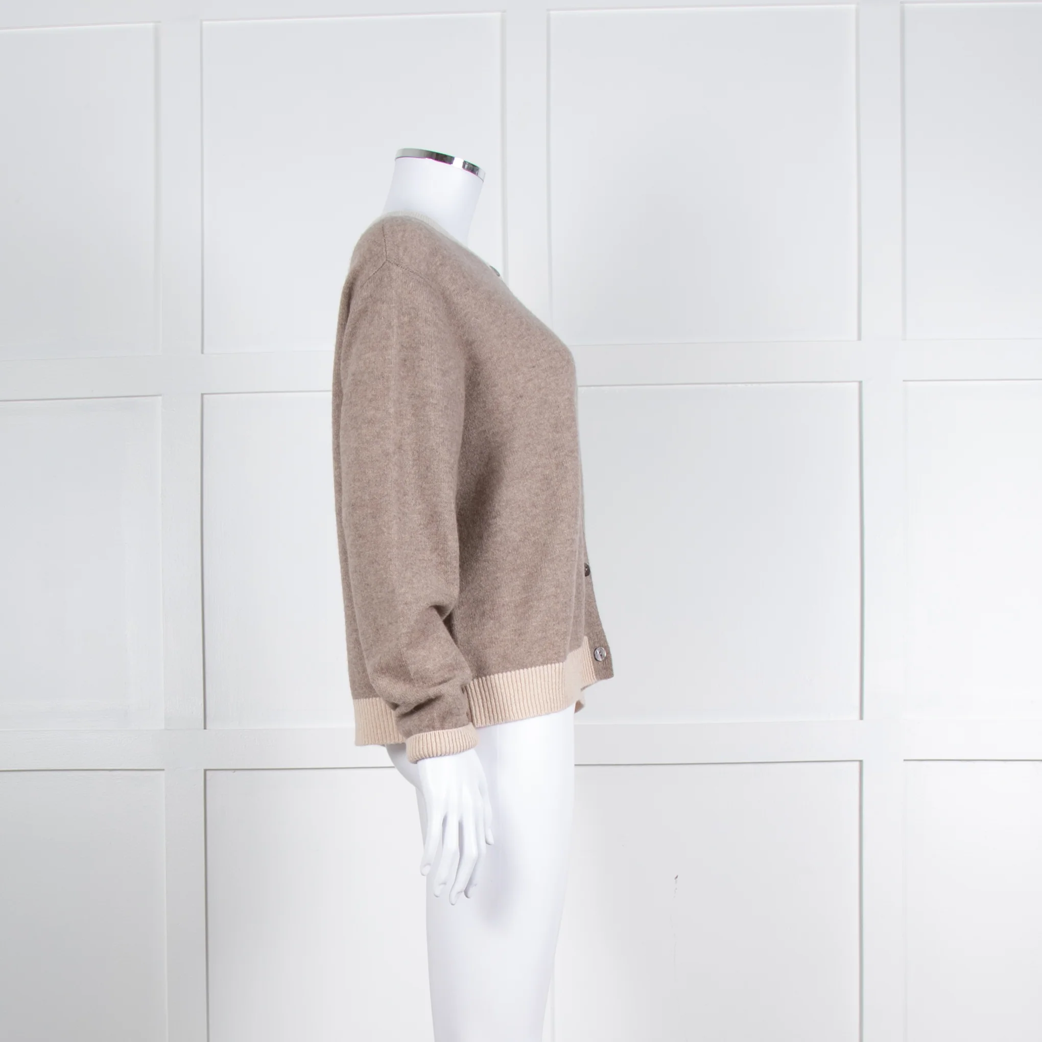 Jumper 1234 Pale Brown Cashmere Cardigan Contrast Neck And Cuff - Image 3