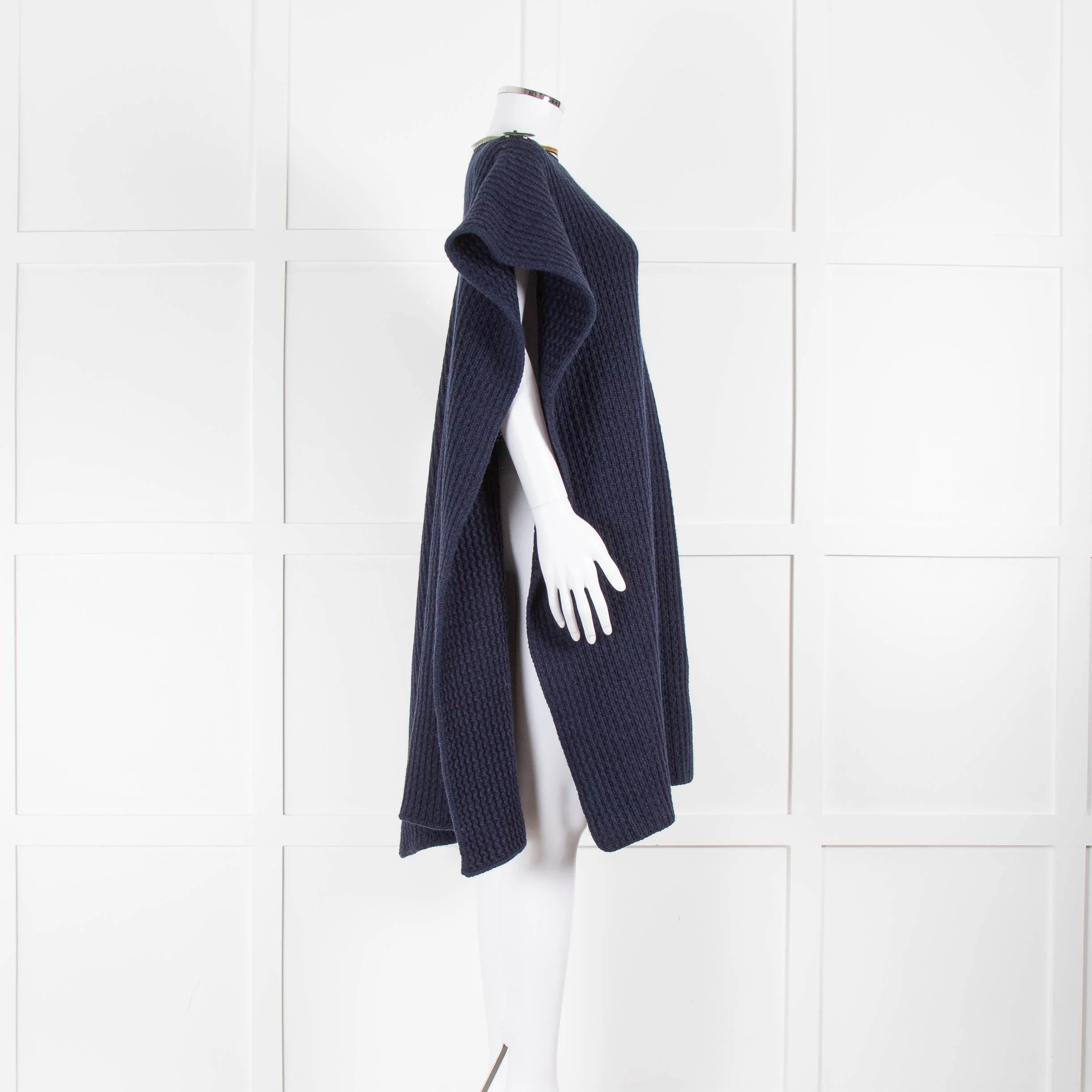 JW Anderson  For A.P.C. Navy Blue Trimmed Ribbed Wool Poncho - Image 2