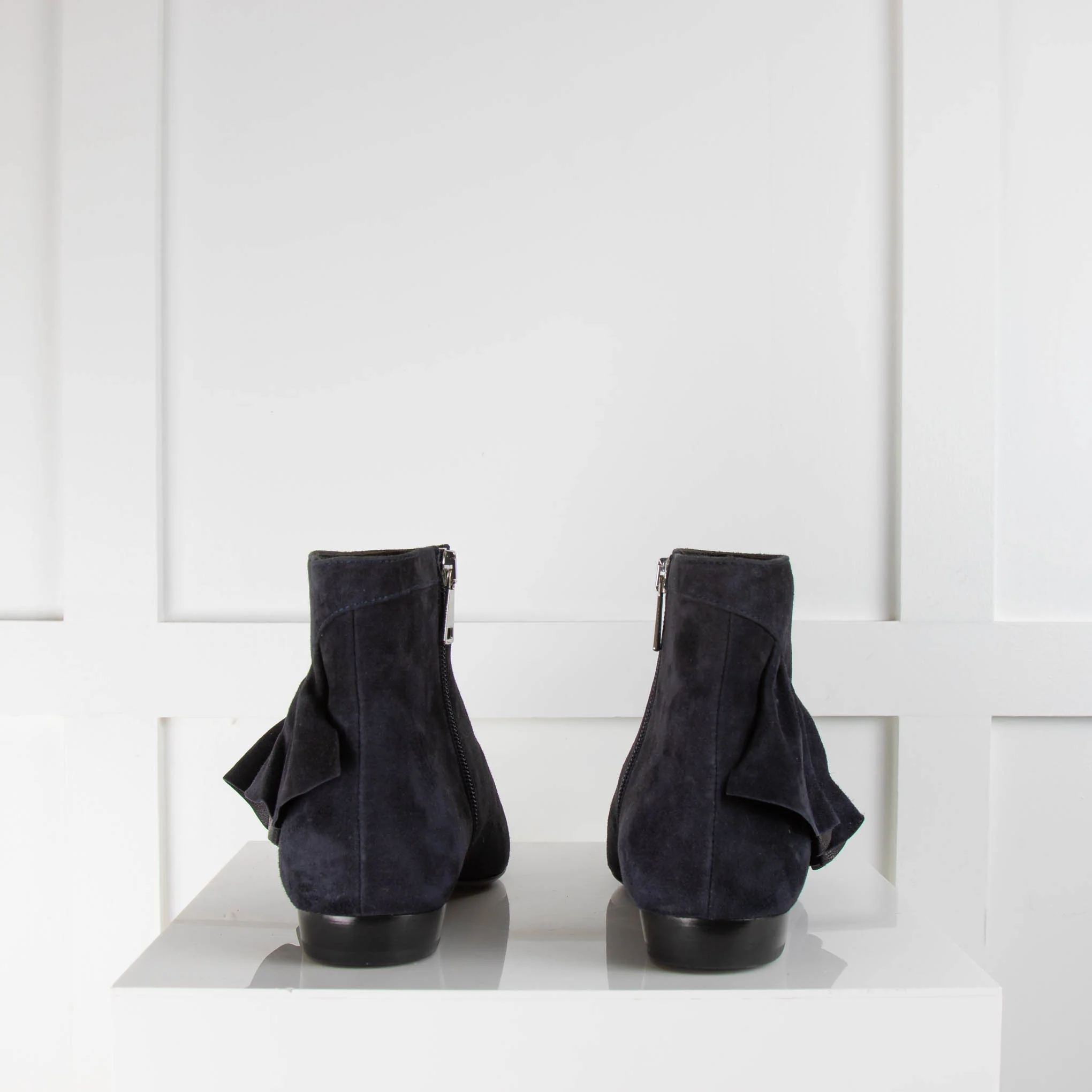 J.W. Anderson Navy Suede Frilled Ankle Boots - Image 4