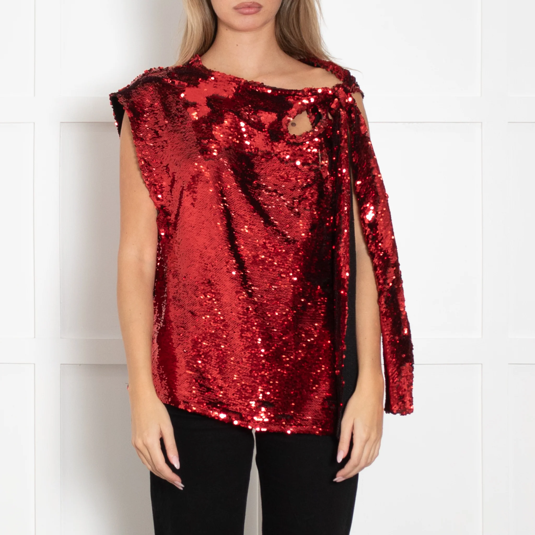 JW Anderson Red Tie Shoulder Sequin Top - Image 2