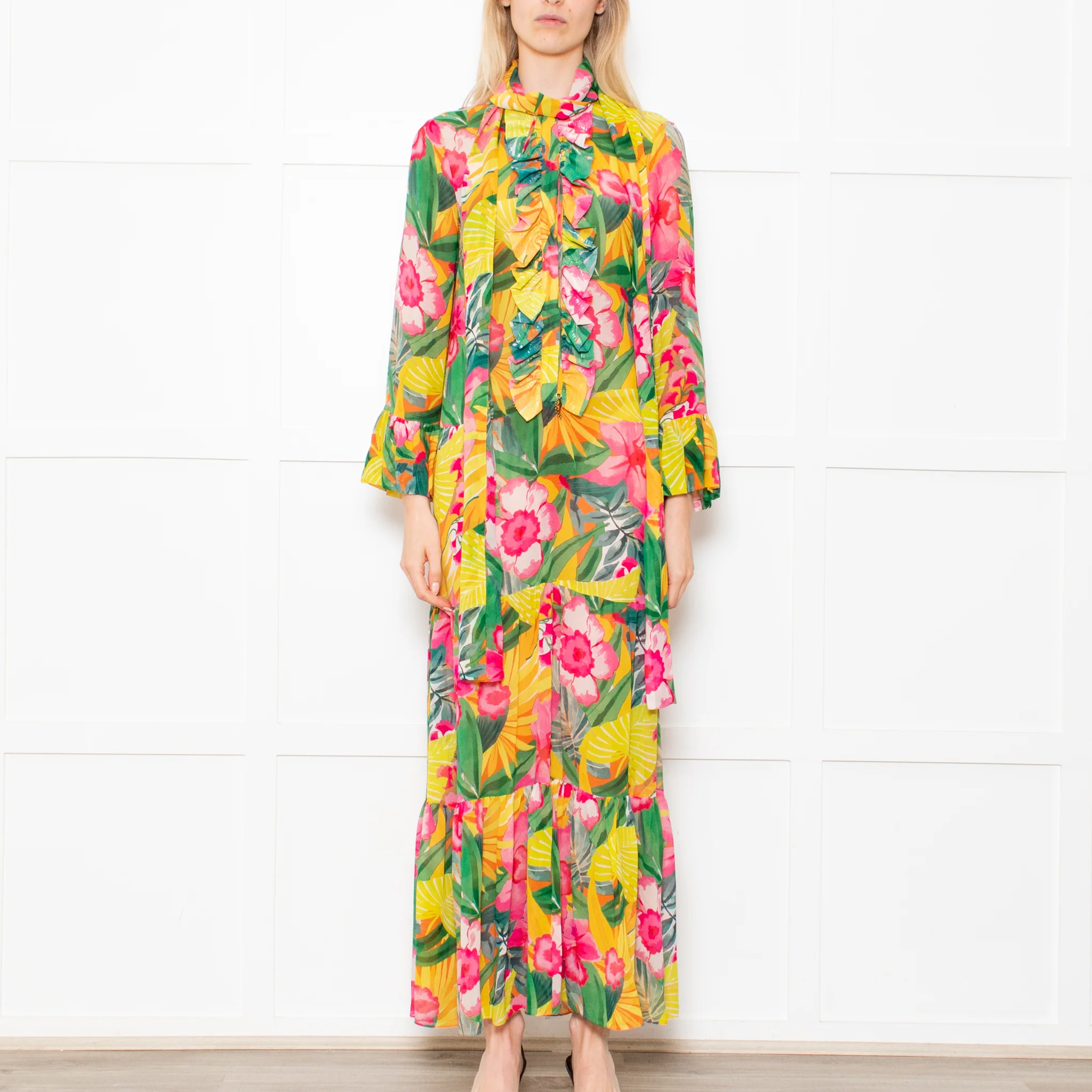 Kalmar Pink, Green and Yellow Floral Maxi Tiered Dress - Image 2