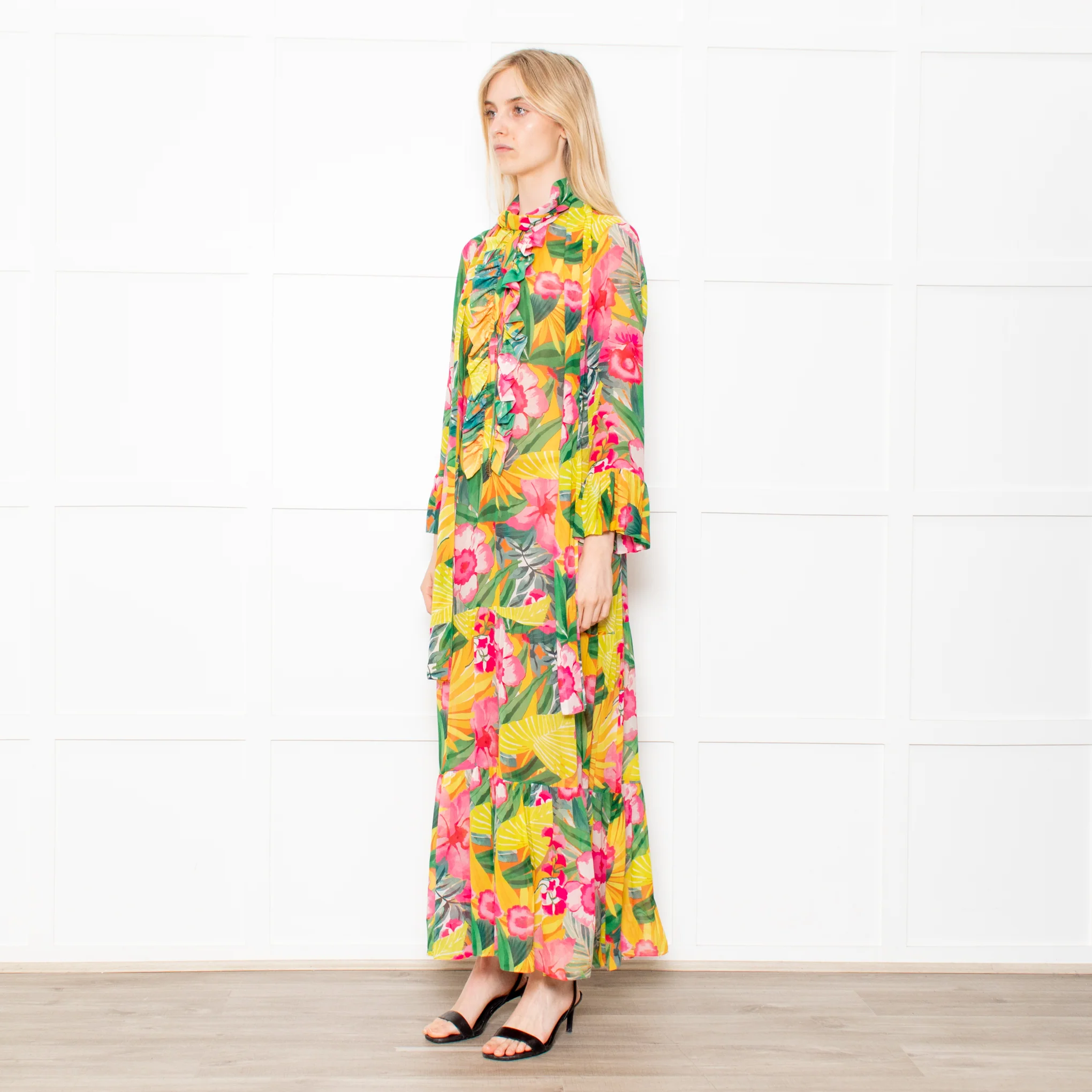 Kalmar Pink, Green and Yellow Floral Maxi Tiered Dress - Image 3