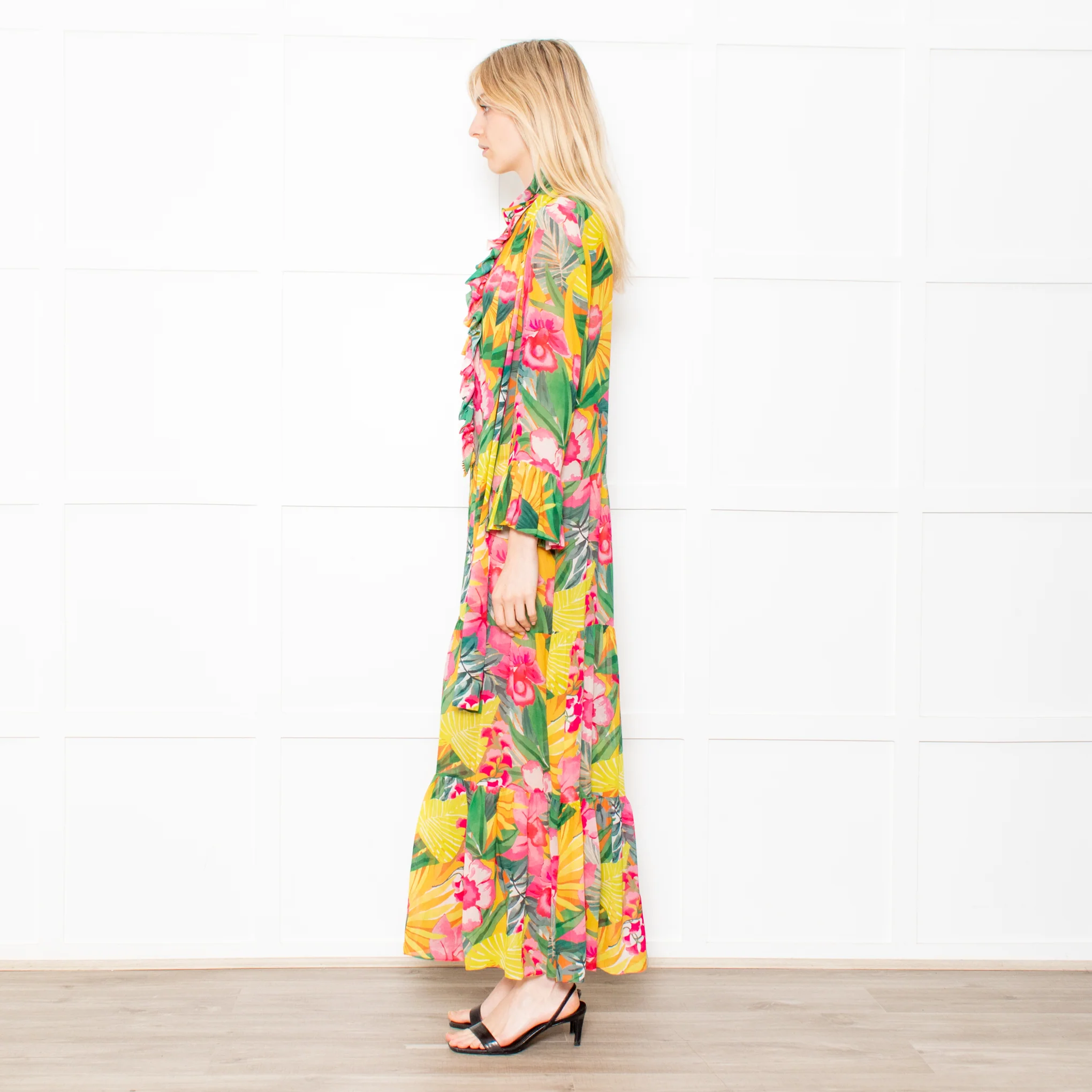 Kalmar Pink, Green and Yellow Floral Maxi Tiered Dress - Image 4