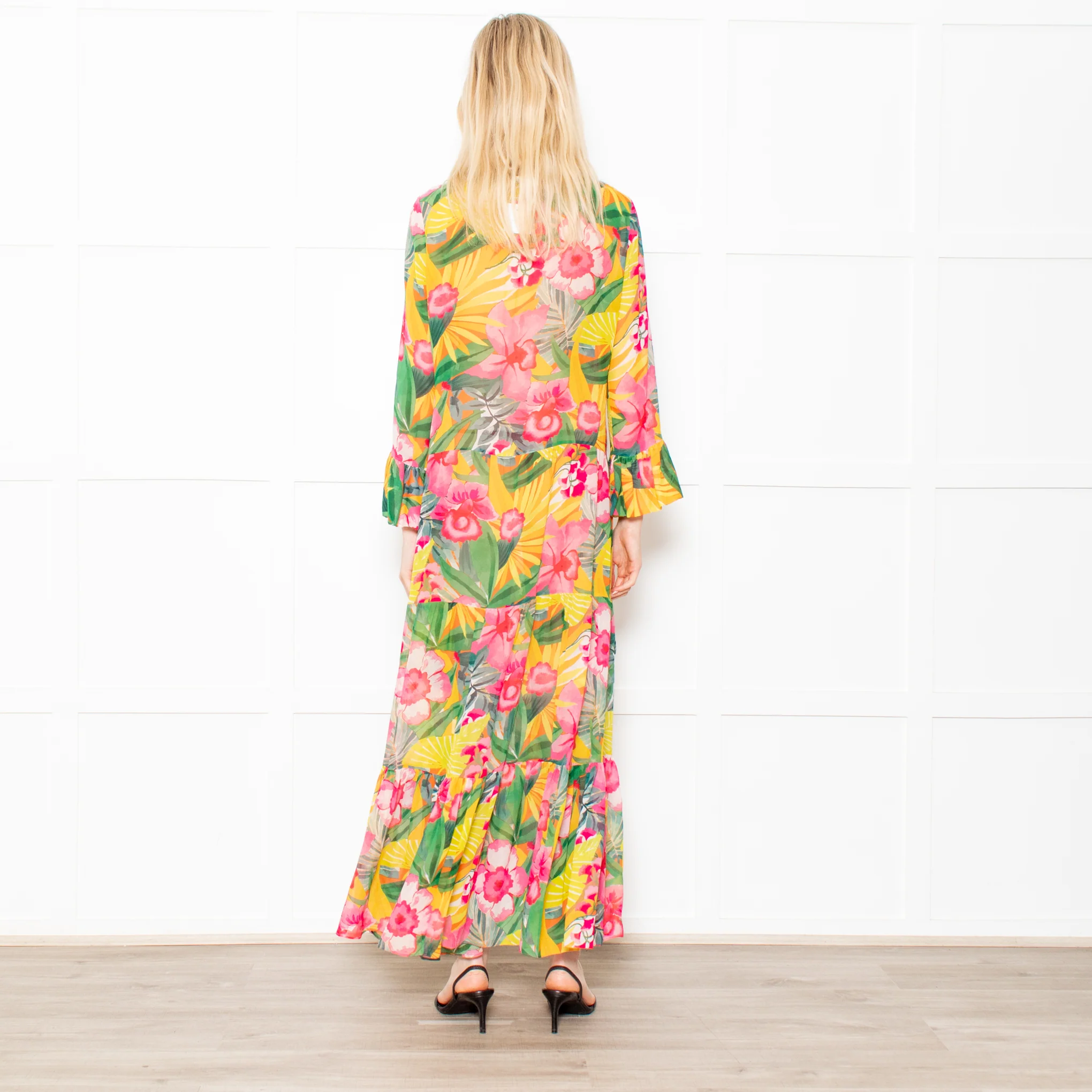 Kalmar Pink, Green and Yellow Floral Maxi Tiered Dress - Image 5