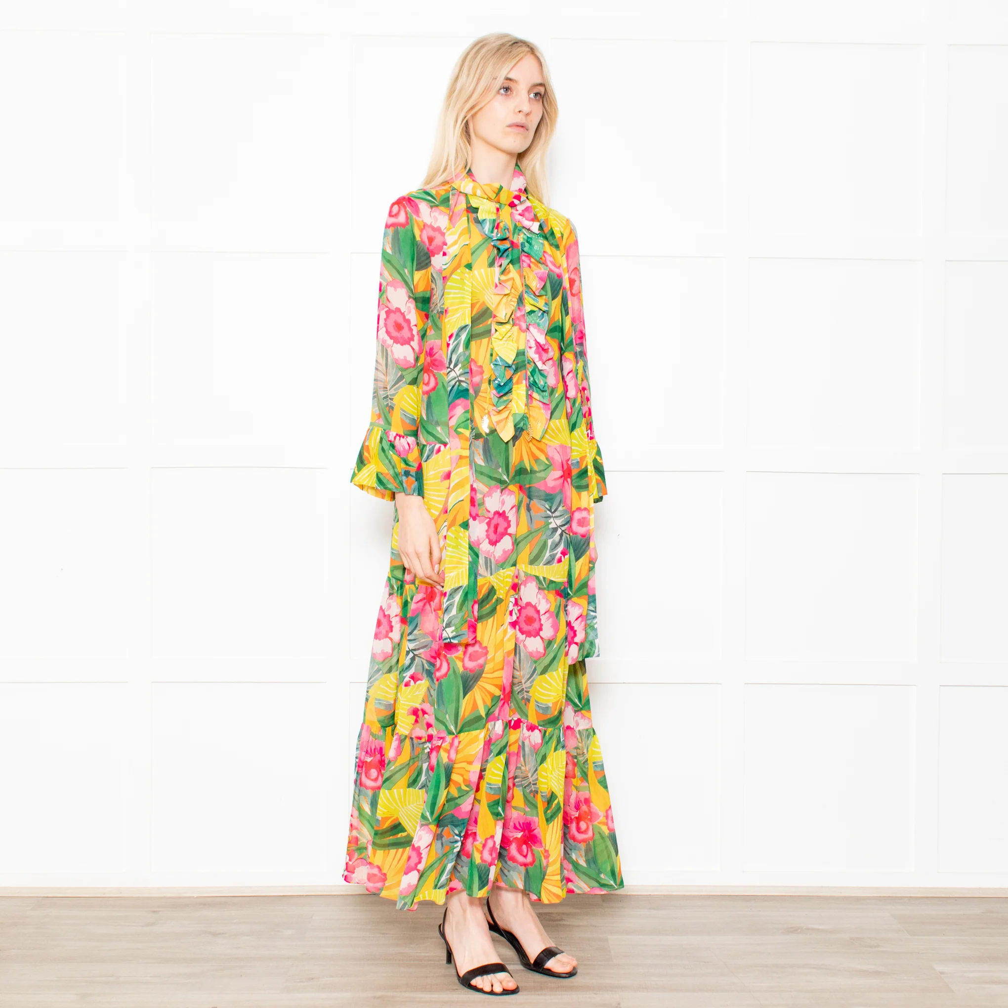 Kalmar Pink, Green and Yellow Floral Maxi Tiered Dress - Image 7