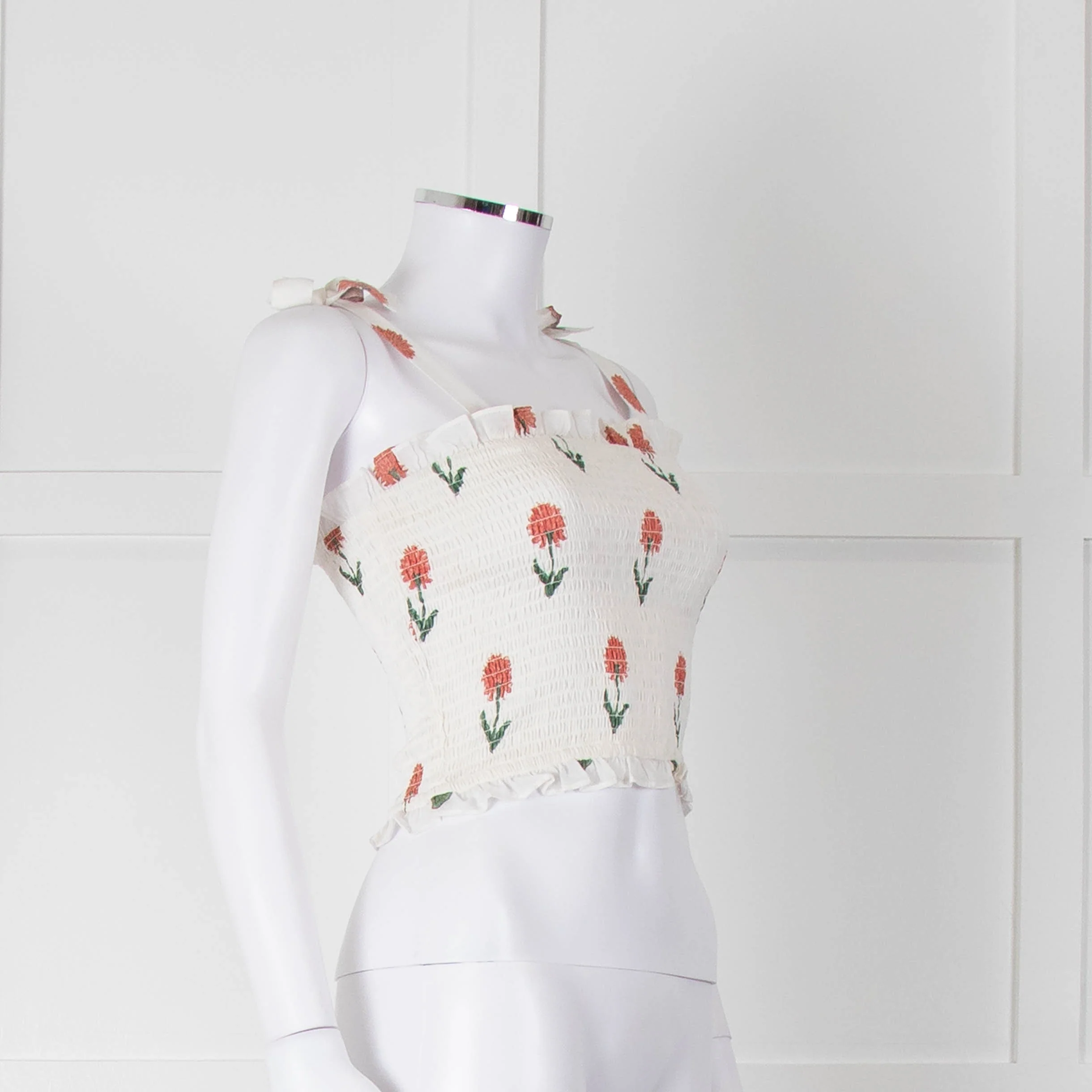 Kapara Smocked White Top with Red Flowers and Tie Shoulder - Image 2