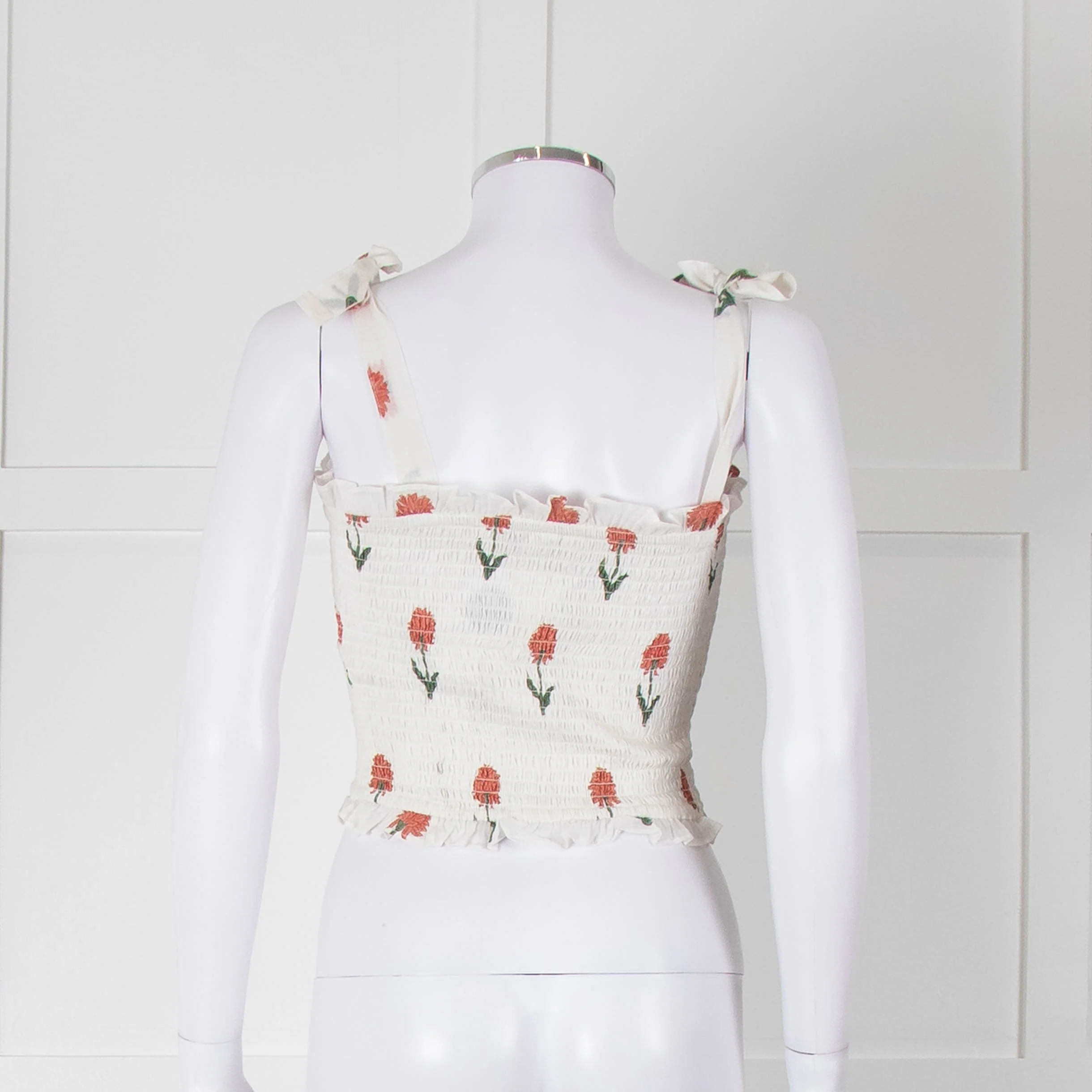Kapara Smocked White Top with Red Flowers and Tie Shoulder - Image 5