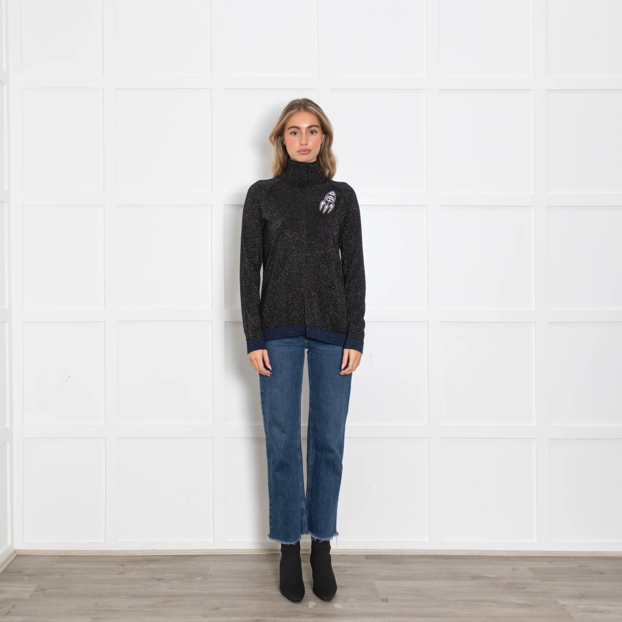 Karl Lagerfeld Black Glitter Roll Neck Fitted Top