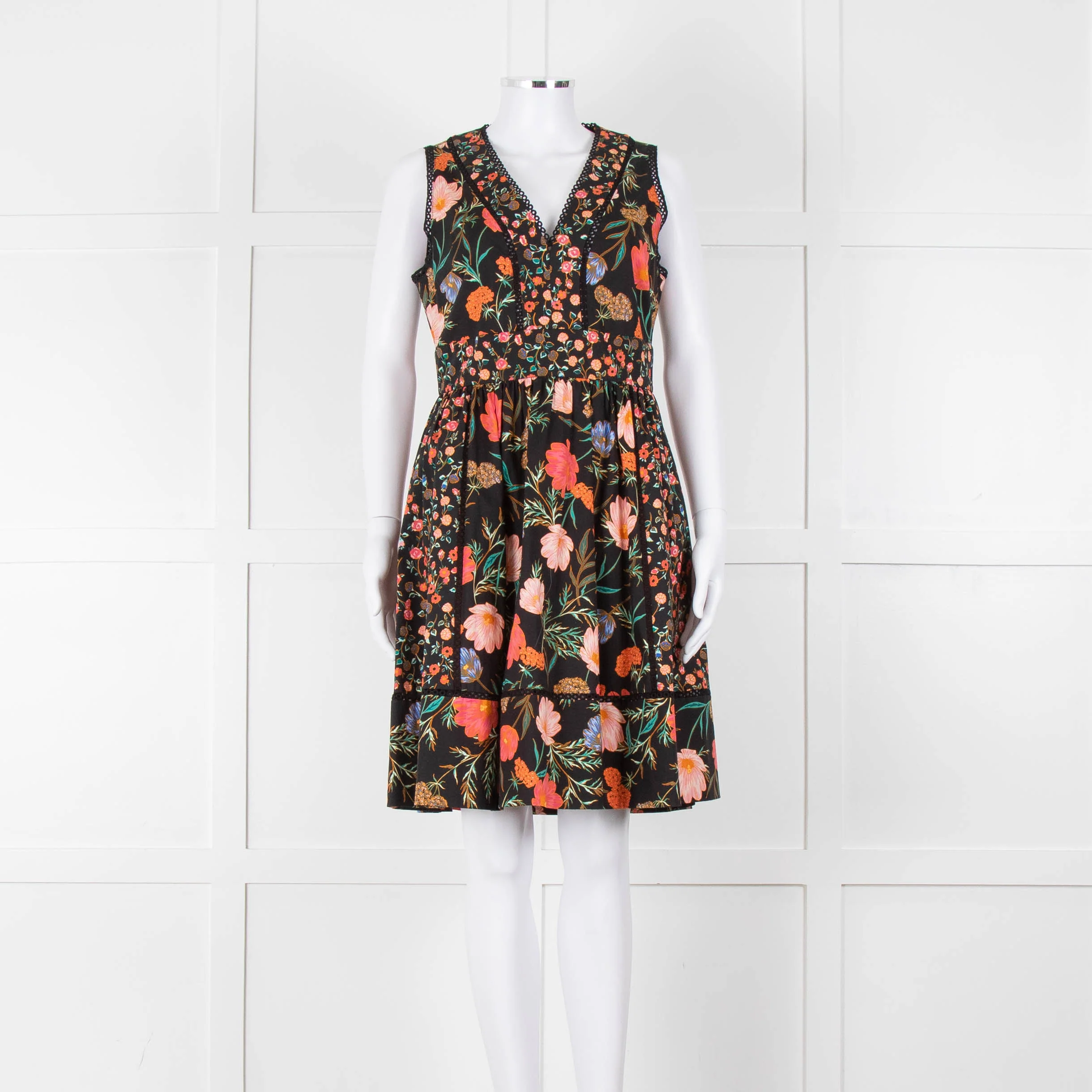 Kate Spade Black Coral Blue Green Floral Sleeveless Dress