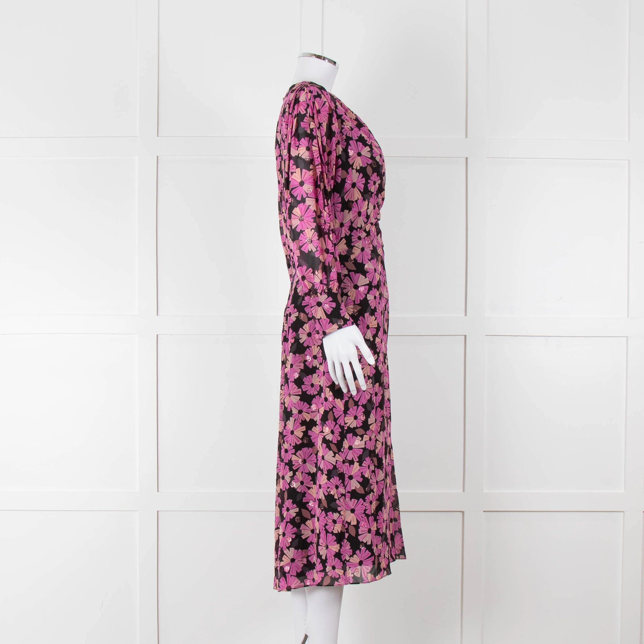Kate Spade Black Pink Lurex Dot & Flower Print Midi Dress - Image 3