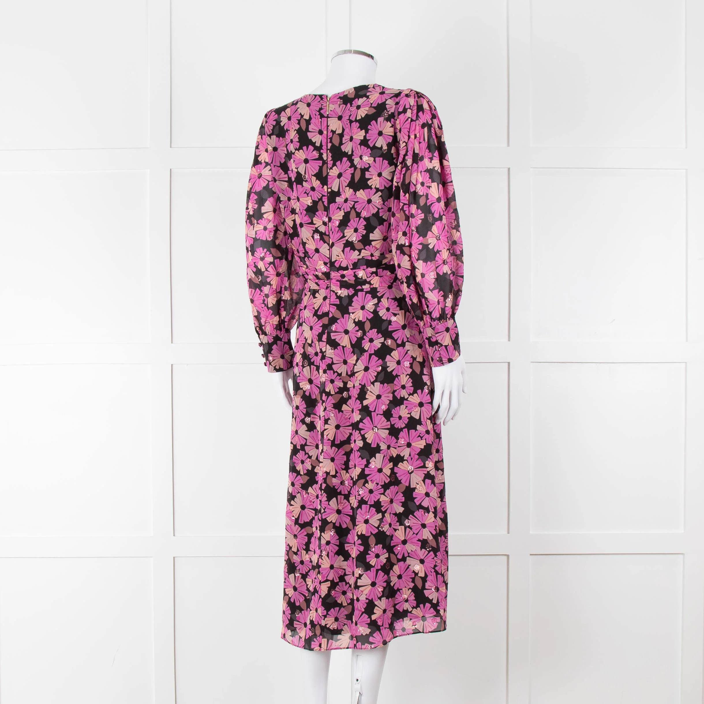 Kate Spade Black Pink Lurex Dot & Flower Print Midi Dress - Image 4