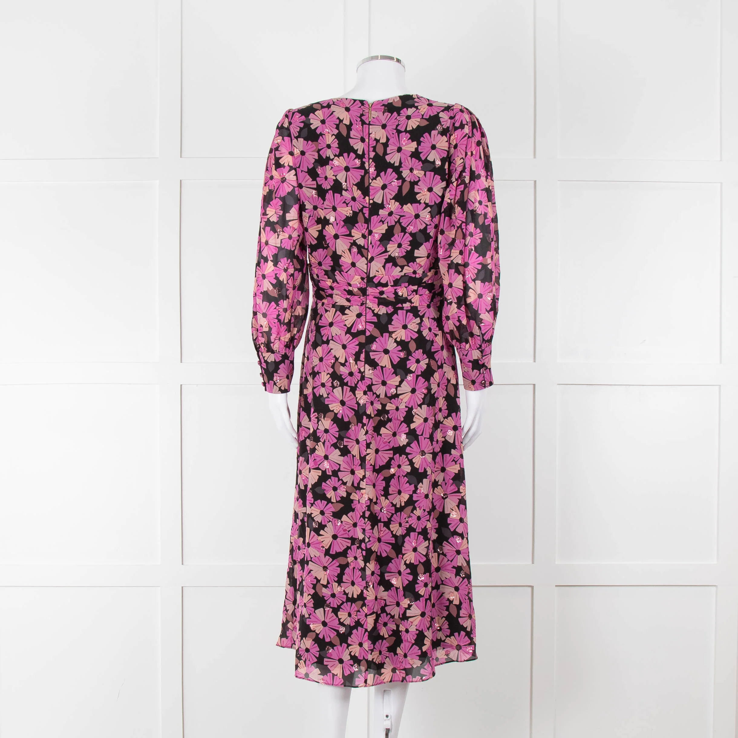 Kate Spade Black Pink Lurex Dot & Flower Print Midi Dress - Image 5