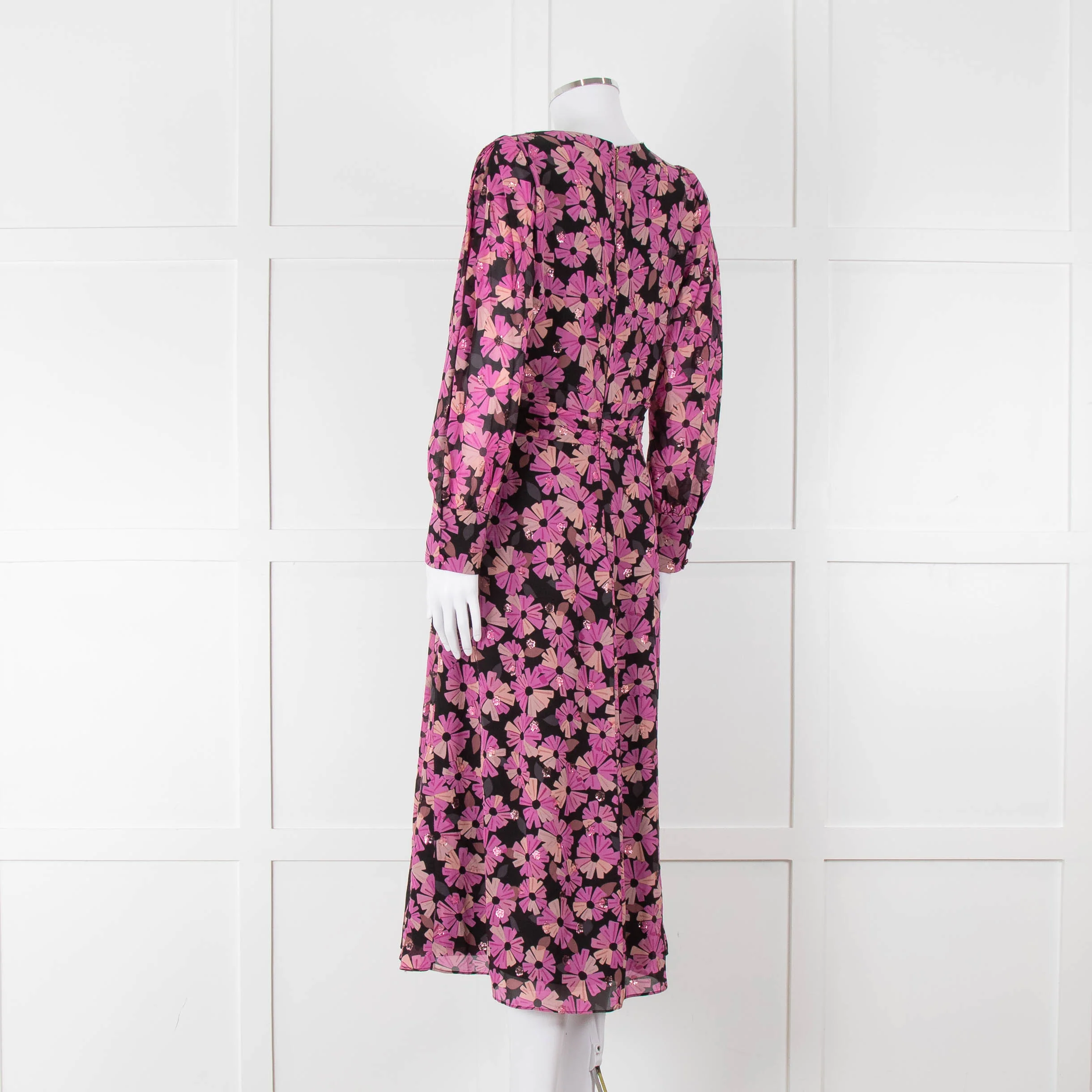 Kate Spade Black Pink Lurex Dot & Flower Print Midi Dress - Image 6