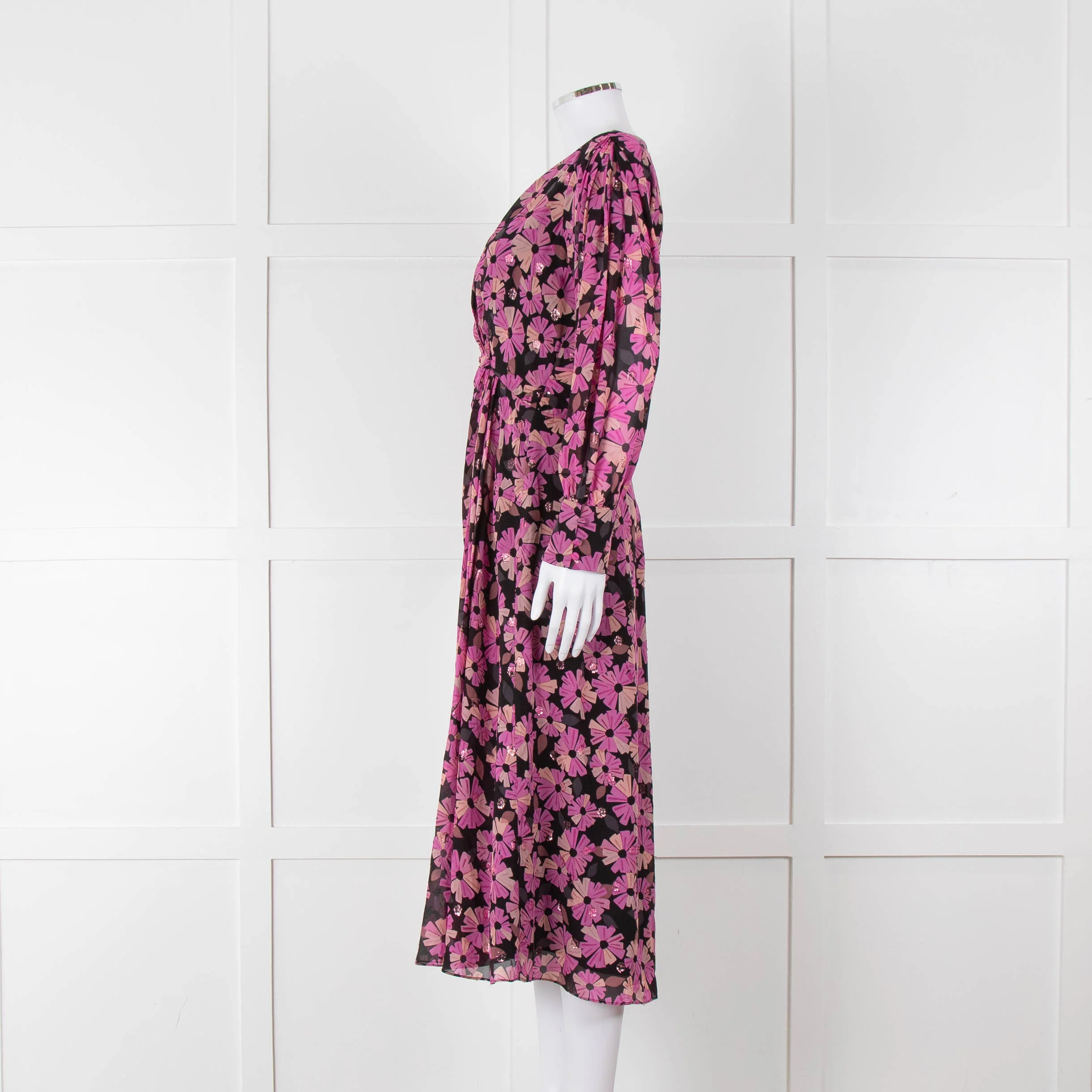 Kate Spade Black Pink Lurex Dot & Flower Print Midi Dress - Image 7