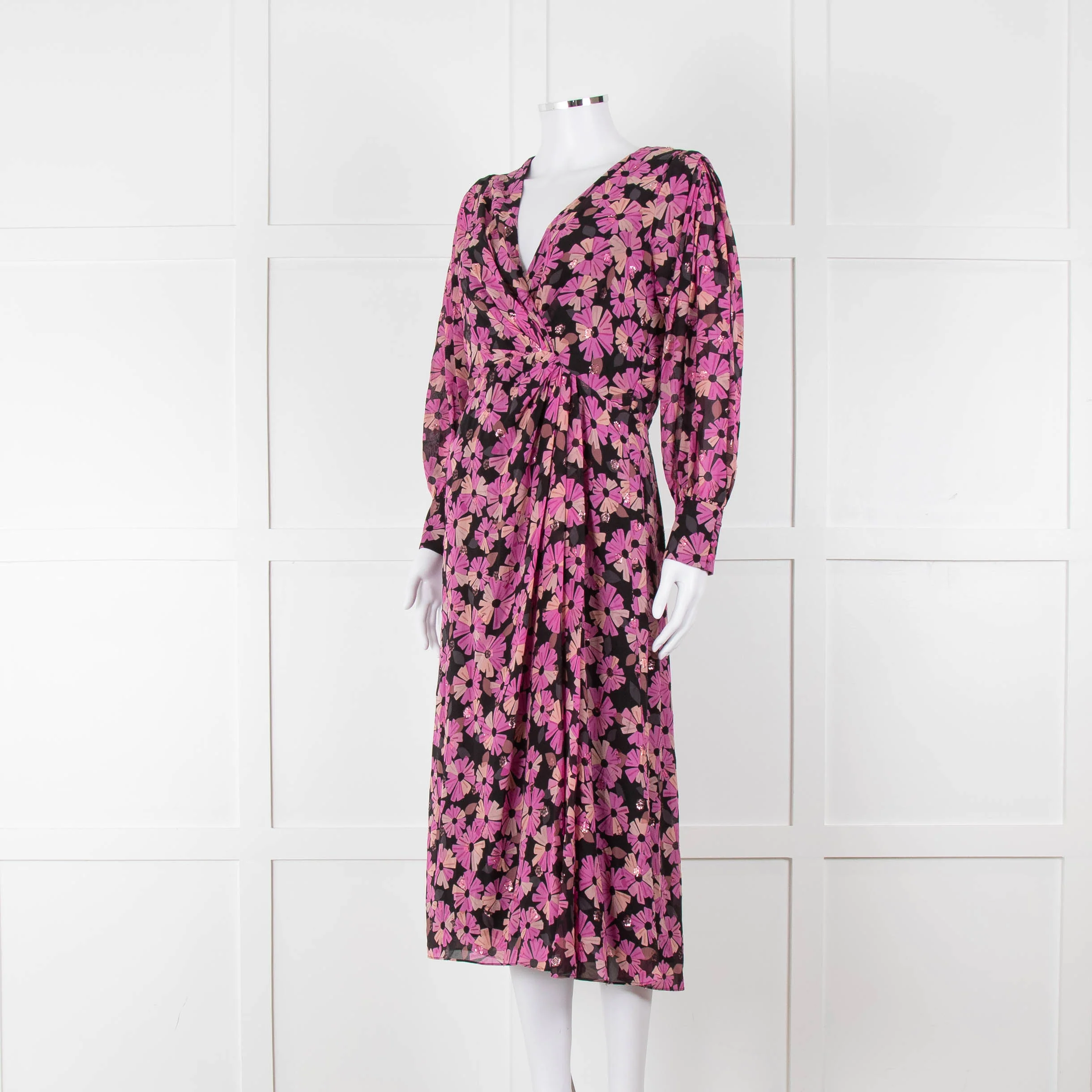 Kate Spade Black Pink Lurex Dot & Flower Print Midi Dress - Image 8