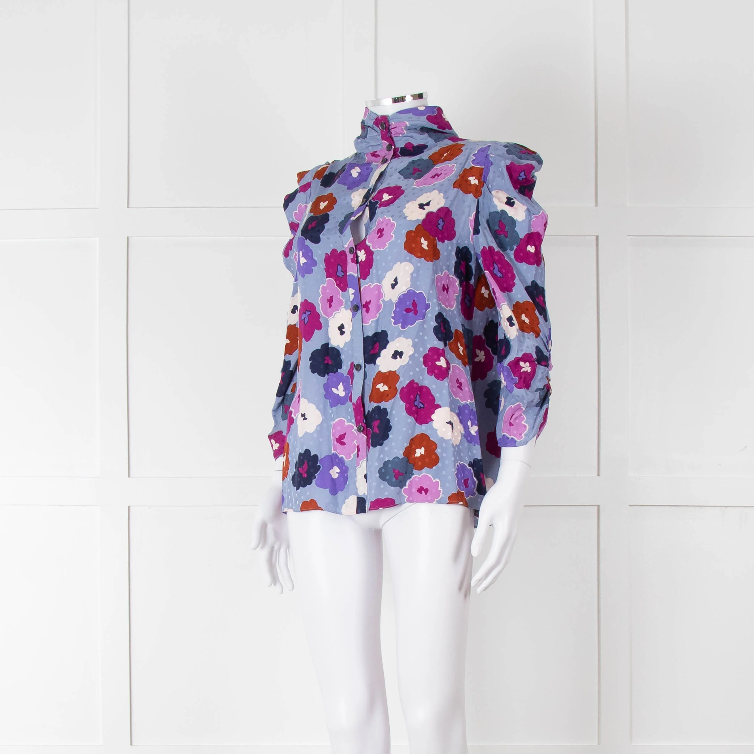 Kate Spade Blue, Orange, Purple and Navy Floral High Neck Blouse - Image 8