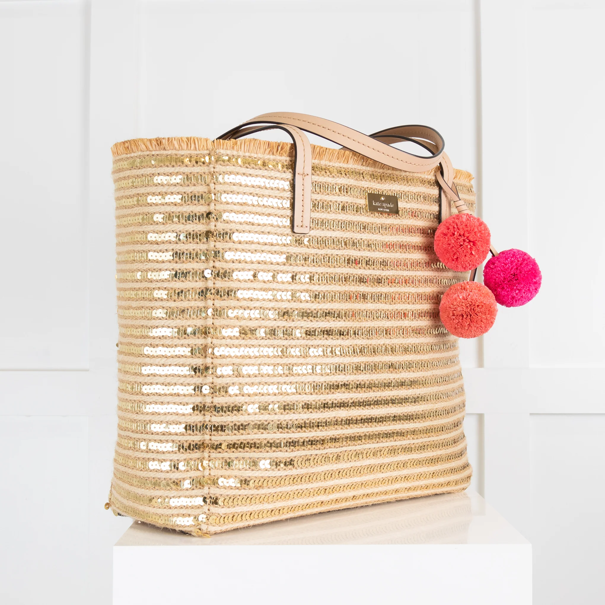 Kate Spade Sequin Raffia Bag with Coloured Pom Pom - Image 2