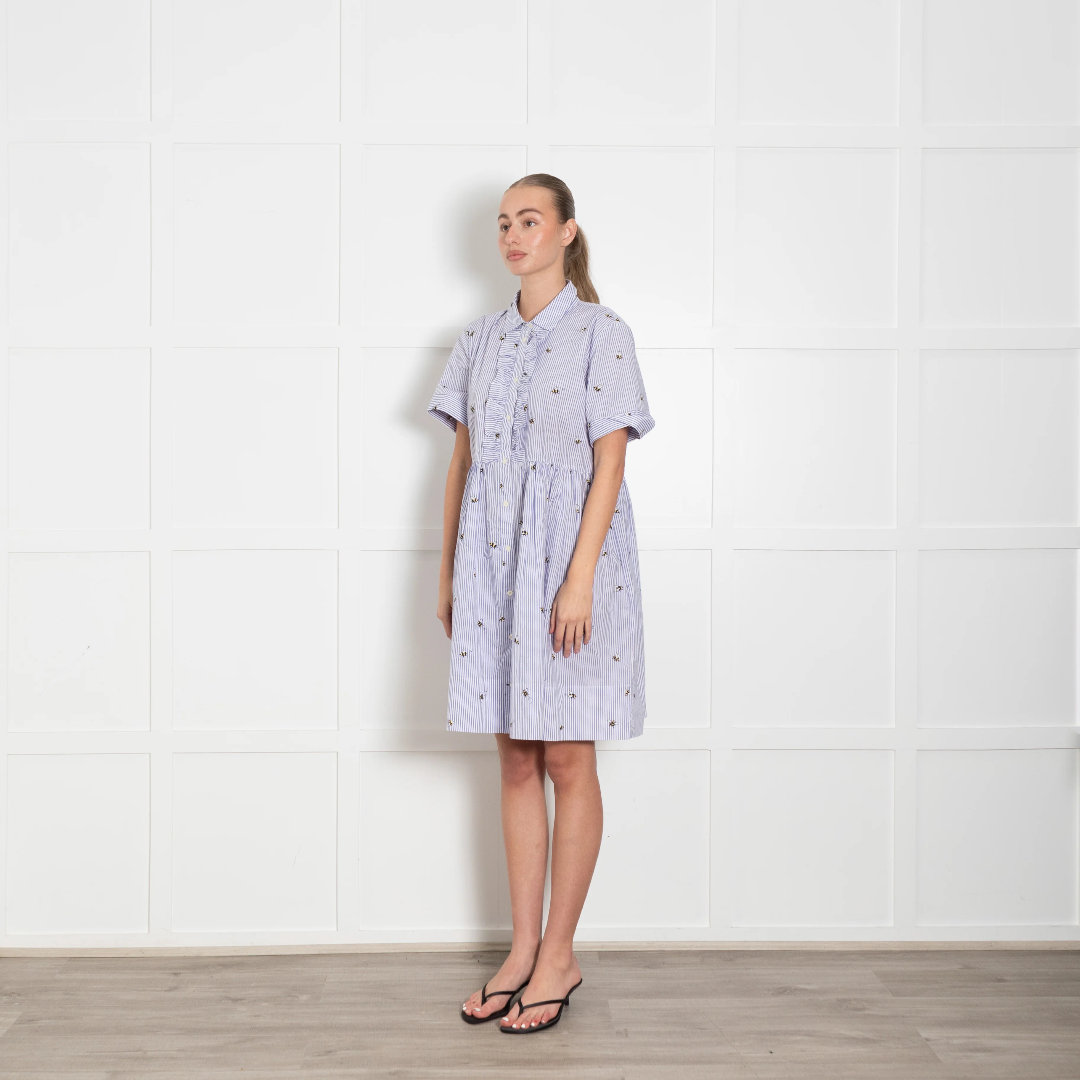 Kate Spade White Lilac Striped Bee Print Short Sleeve Dress - Image 3